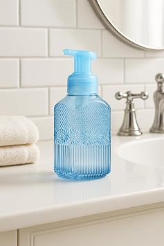 Bath & Body Works Blue Floral Gentle & Clean Foaming Hand Soap Dispenser, Refillable Embossed Glass Holder with Durable Pump for Bathroom or Kitchen