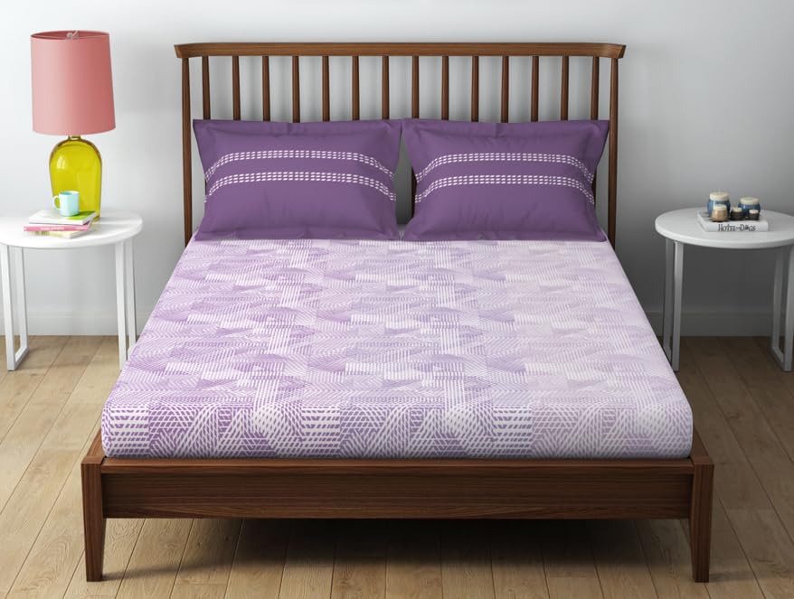 Spaces 100% Cotton 132 TC Bed Sheets - Soft & Breathable, Violet Geometric Design, Comfortable & Durable Bedding for All Seasons-image-3