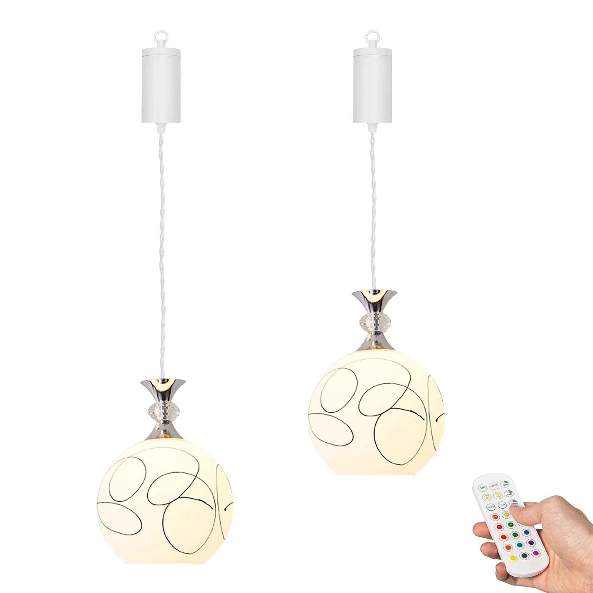 Dimmbare Hängelampe mit Batterie Innen,2er-Satz Modern Hängeleuchte Batteriebetriebene Lampe, Pendelleuchte ohne Strom Stromanschluss für Küche Nachttischcafé TB1199