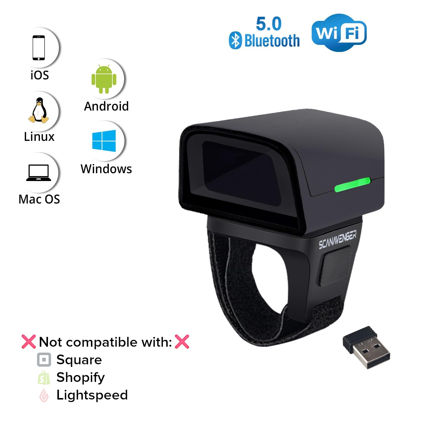 ScanAvenger Escáner de código de barras Bluetooth 1D 2D QR Ring - Mini lector de dedos inalámbrico portátil, USB y 2.4GHz, compatible con iOS, Android, Windows, para almacén, tienda e inventario