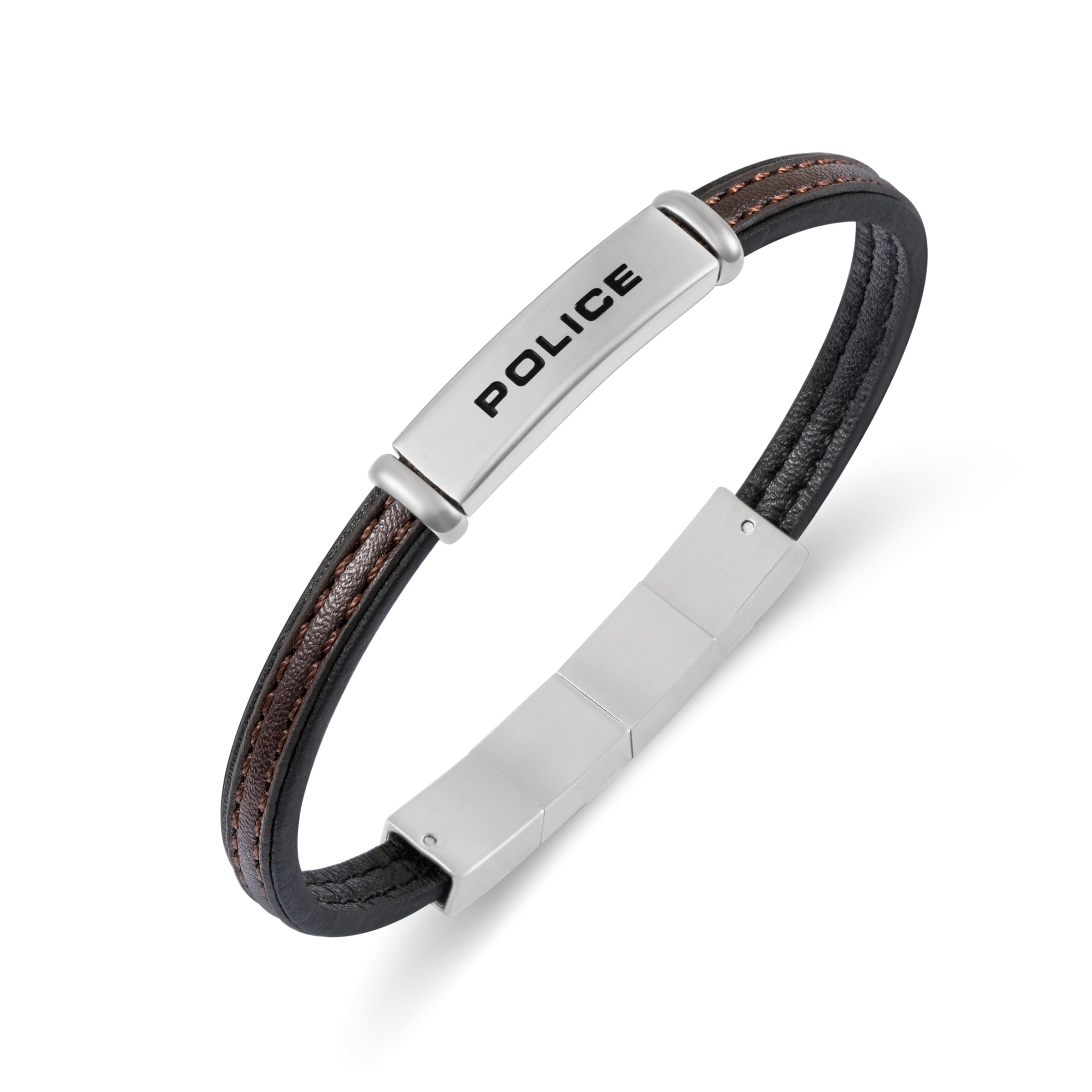 police Recall Stainless Steel Black and Brown Flat Leather Bracelet for Men - PEAGB0079202-picture-12