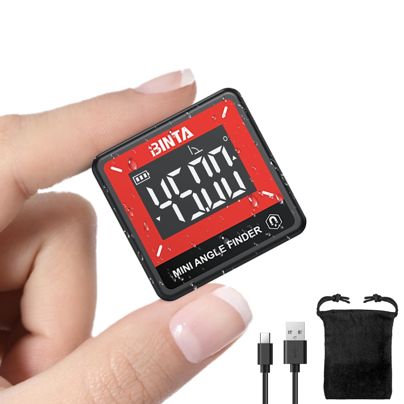 BINTA Medidor digital de Ángulos, Inclinómetro Transportador con Base Magnética Retroiluminación IP54 Recargable, Nivel de Burbuja Digital Magnético para Carpintería y Uniones de Mesa
