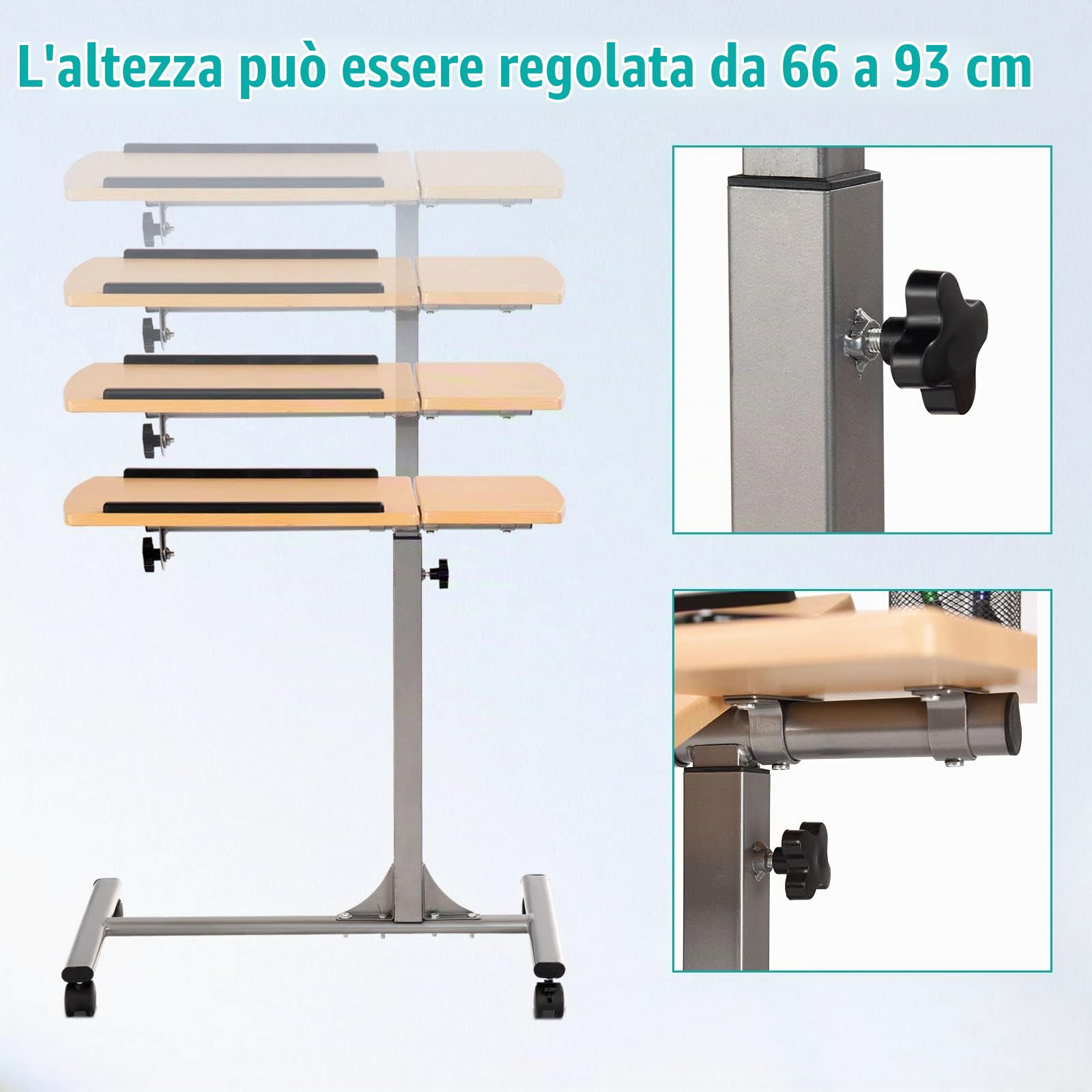LIFEZEAL Scrivania per Laptop, Tavolino da Divano, Letto, Piano Inclinabile Porta PC, Computer, Notebook, Serviletto, 4 Ruote, Altezza Regolabile, per Soggiorno, Ufficio, Camera da Letto, Noce