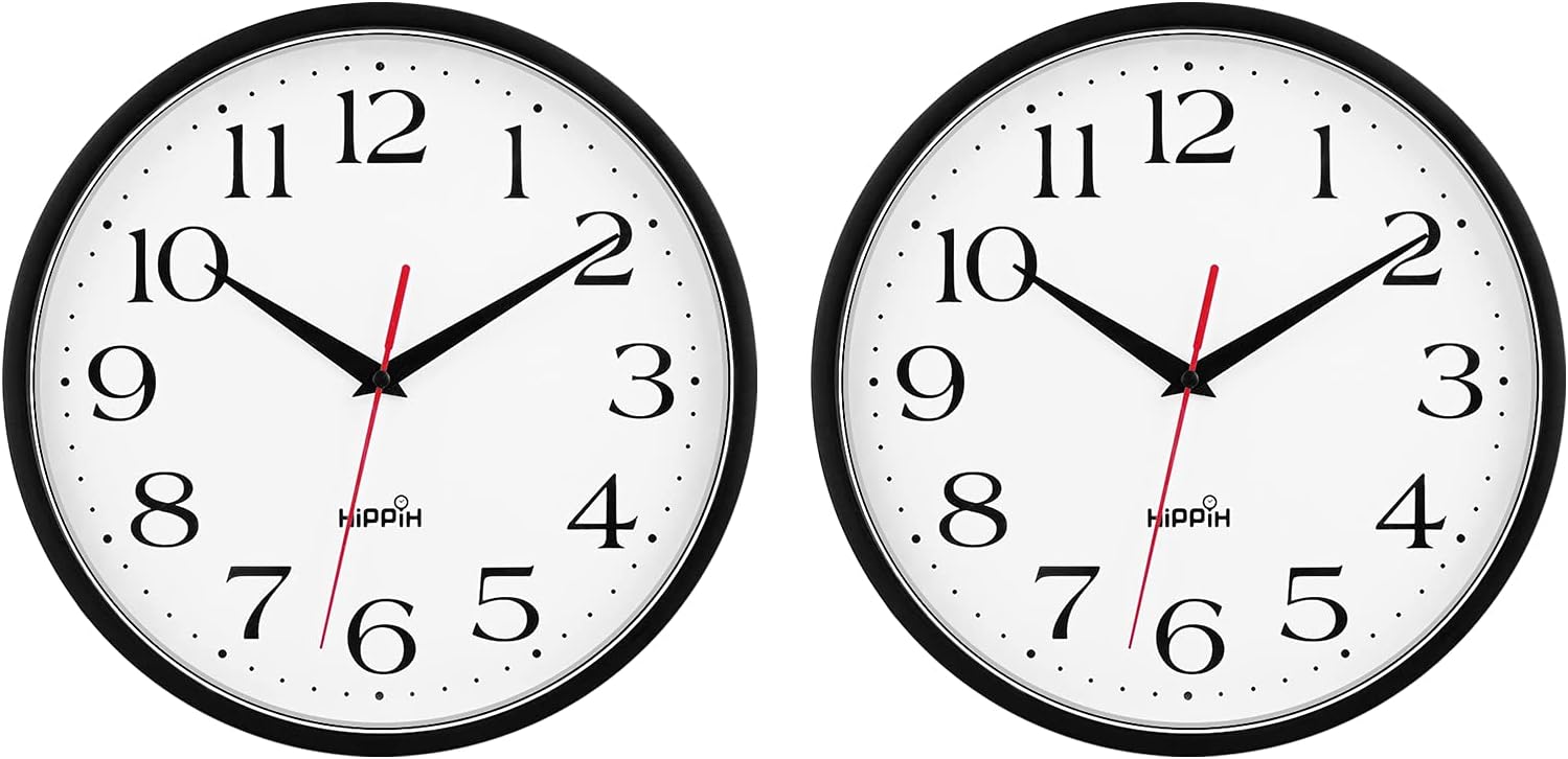 HIPPIH 2 Pack Silent Wall Clock, 10 Inch Non Ticking Quiet Digital Sweep Decorative Battery Operated Wall Clocks for Living Room Bedroom Kitchen School Office Decor, Black : Home & Kitchen