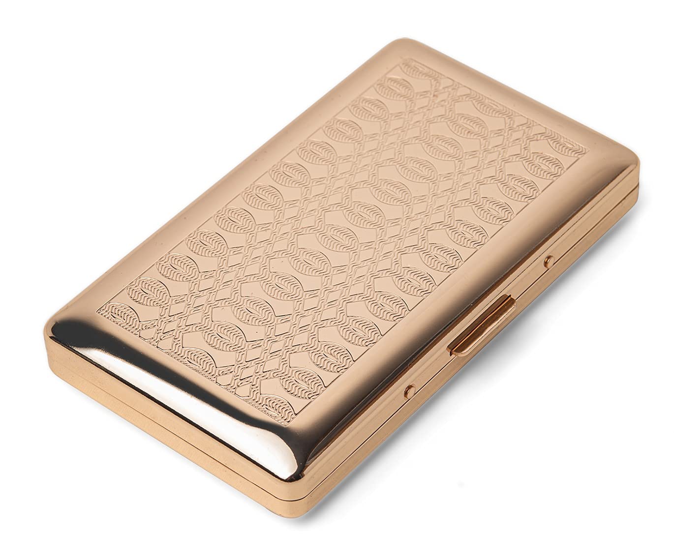 Retro Metal Cigarette Case - Women and Men ，Portable Pocket Carrying Cigarette Box Case-Double Sided Spring Clip Open Pocket，Holds 14 Regular Size Cigarettes for 100mm Cigarettes (Gold)