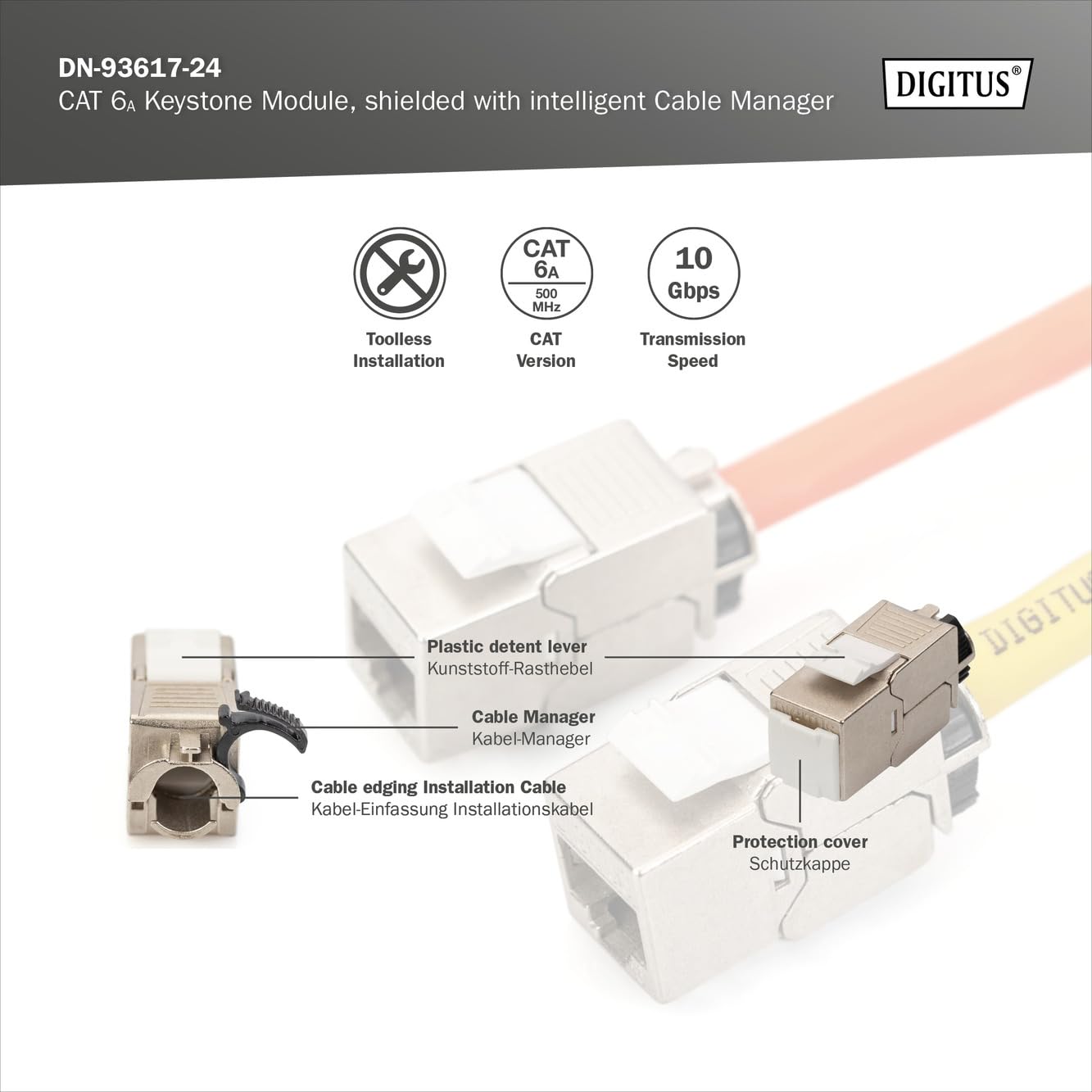 DIGITUS Moduł Keystone Cat-6A ekranowany - 24 sztuki - Gniazdo RJ45 - 500 MHz 10GBase-T - AWG 26-22 - Projektowalny - Z dźwignią blokującą - Montaż bez użycia narzędzi