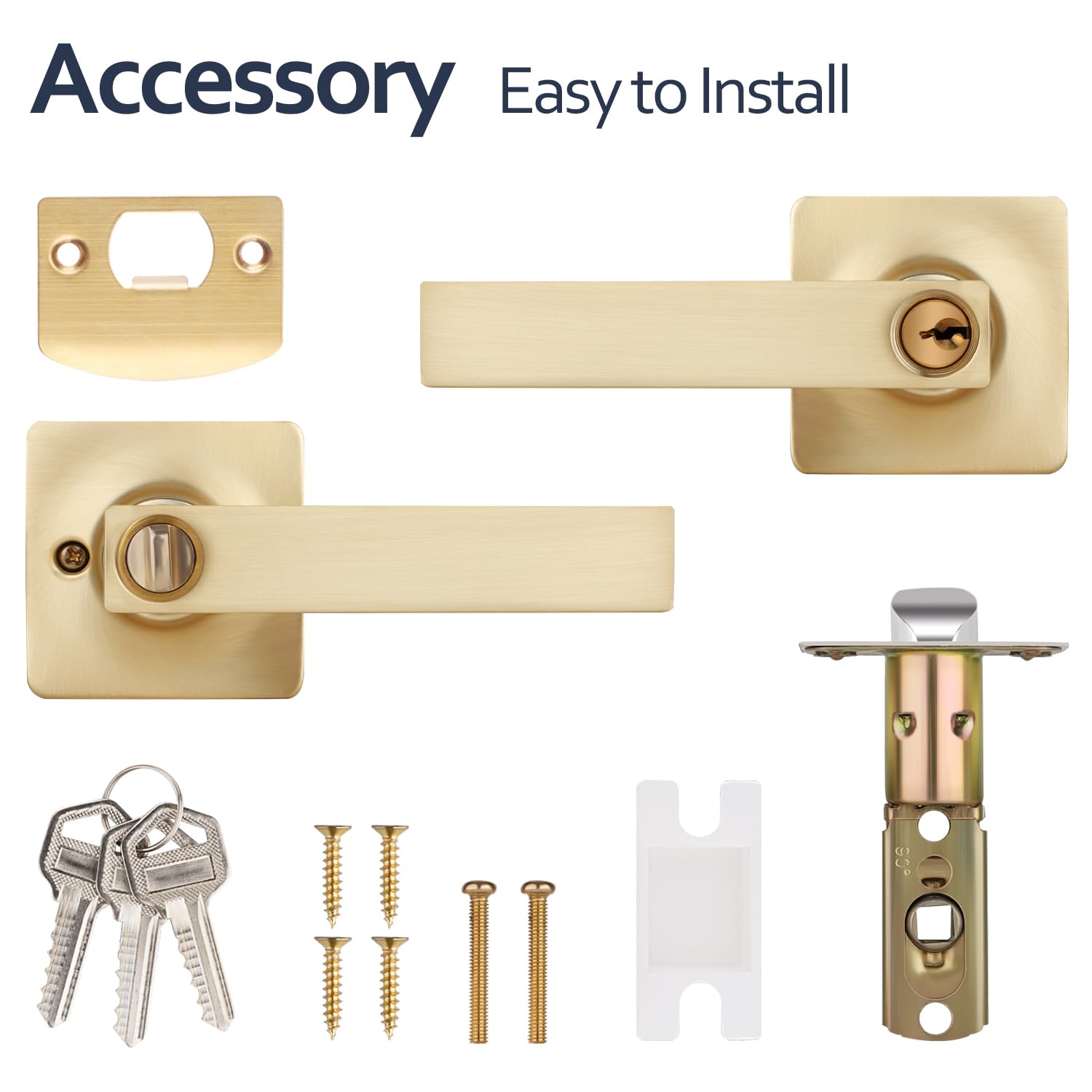 EHOMEWARE Paquete de 4 manijas de puerta de entrada con cerradura y llaves, latón cepillado, pomos dorados con llaves para dormitorio o sala de estar, uso interior o exterior