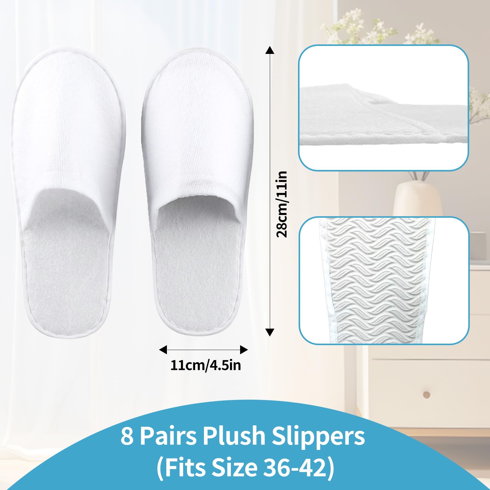 Xerteam 8 Paia Ciabatte Ospitidi, Pattine per Casa, Pantofole da Hotel, Taglia Universale, Unisex, Antiscivolo, Lavabili, Set di Pantofole per Ospiti per Viaggi in Hotel e Spa