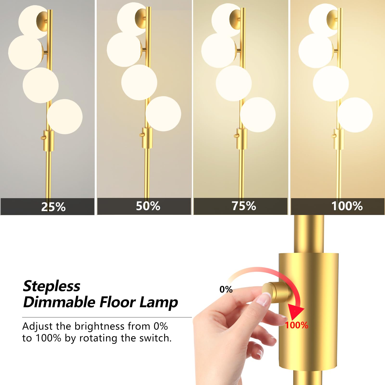 bulbeats Dimmable Gold Floor Lamp, 4-Globe Standing Lamp for Living Room, Contemporary Tall Lamp with 3000K G9 Bulbs, Frosted Shades, Mid Century Modern Floor Lamp for Bedroom Office Decor
