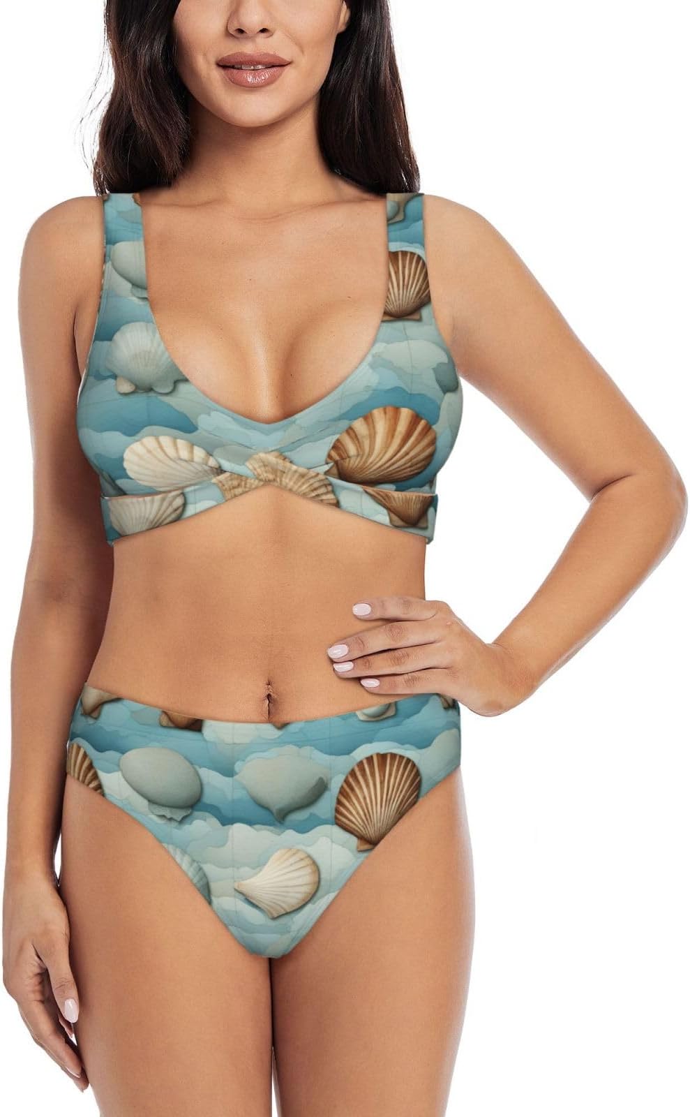 Women's Sea Shell Print Bikini Set Featuring Crossover Design Detachable Soft Wire-Free Breast Pads