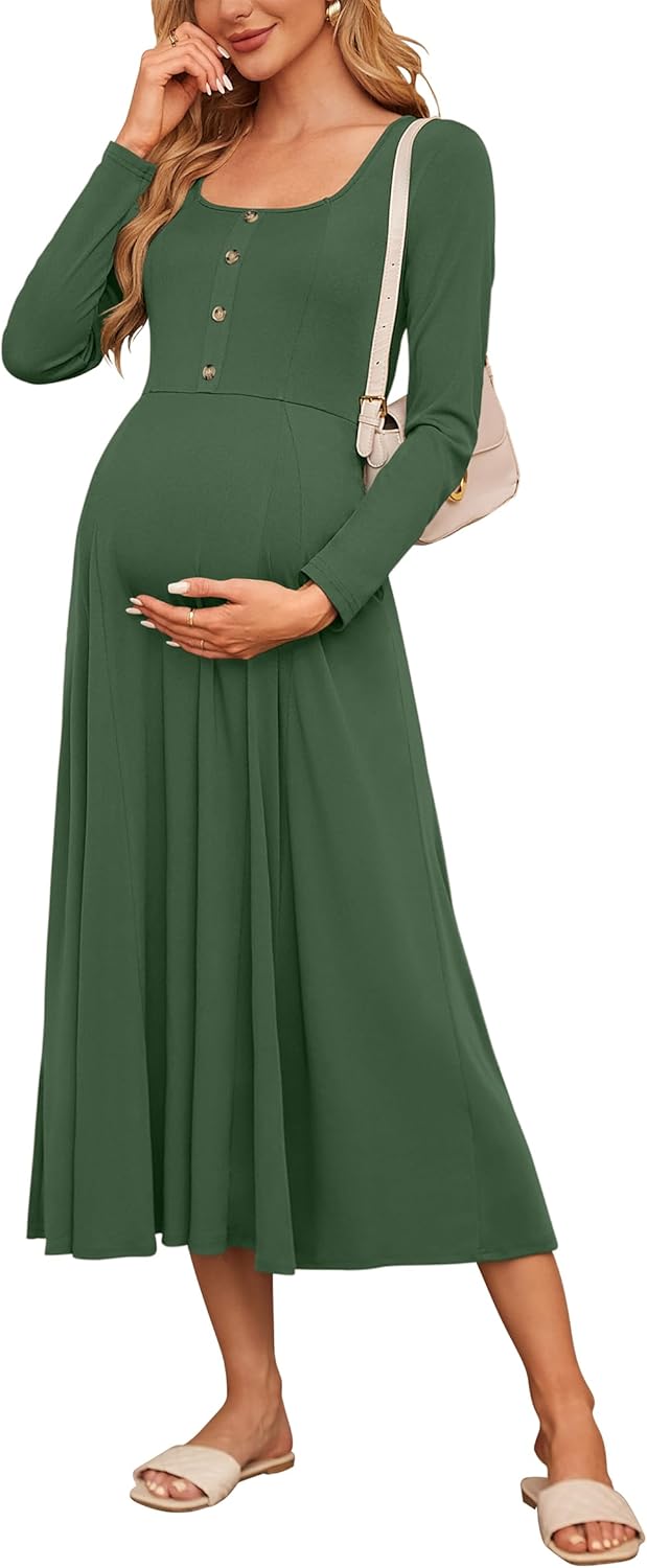 OUGES Women's Maxi Maternity Dress for Photoshoot Fall Long Sleeve Button Square Neck Baby Shower Pregnancy Dresses 2024