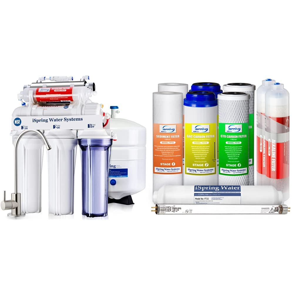 iSpring RCC7AK-UV Sistema de Filtración de Agua Potable por Ósmosis Inversa de 7 Etapas Bajo el Fregadero + iSpring F10KU Juego de Filtros de Repuesto para 1 Año Certificado NSF
