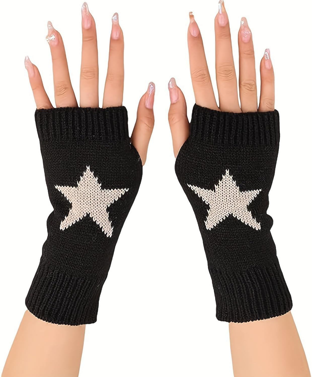 Women's Y2K Star Gloves Fingerless Wrist Length Knitted Arm Warmers Mittens with Thumb Hole