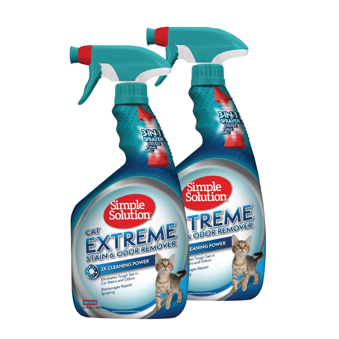 Extreme Cat Stain and Odor Eliminator Spray for Cats, Enzyme Cleaner With 3X Pro-Bacteria Cleaning Power, Strong Cat Urine Pee Smell Remover for Carpets & Floors, 32 oz (Pack of 2)