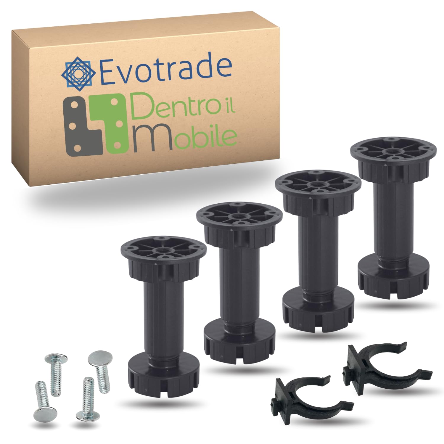 Evotrade Set di 4 Piedini Regolabili per Zoccoli da Cucina con 2 Pinze e 4 Viti di Fissaggio, Supporti Stabili e Facili da Installare per Mobili e Cucine | Made in Italy (Altezza 120 mm.)