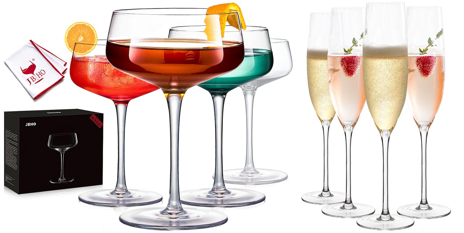 JBHOMartini Glasses and Champagne Flutes, Crystal Coupe Glasses Set of 4, Cocktail Glasses, Hand-Blown Champagne Coupe Glasses for Espresso Martini, Manhattan as Bar Glassware or Housewarming Gift