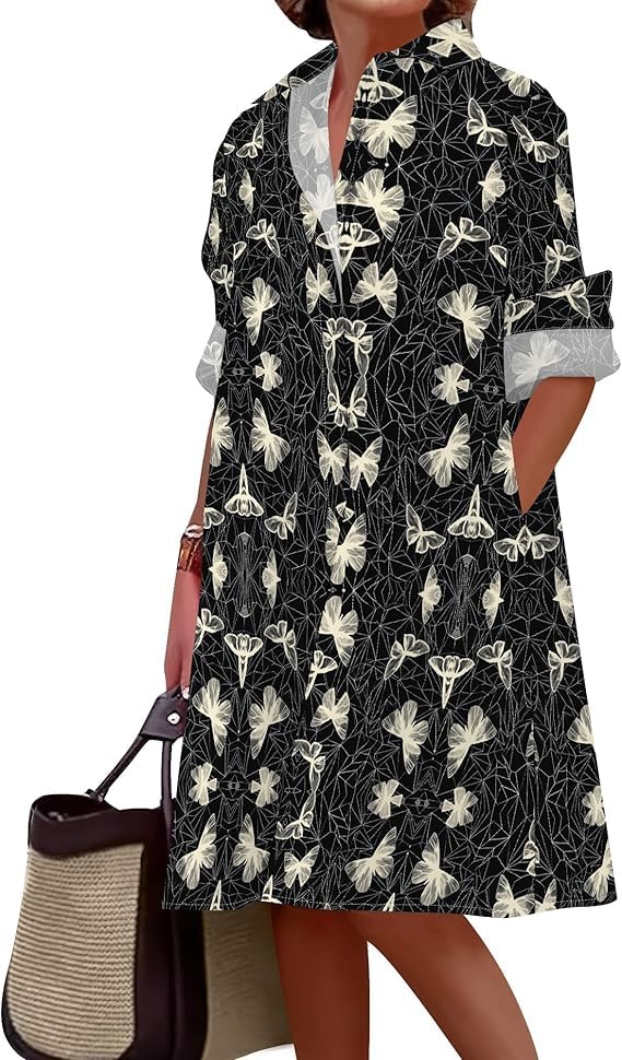Casual Shirt Dress for Curvy Women, Button Down Long Sleeve Frock, Plus Size Printed Loose Robe with Pockets,Sun protection,Loose, cool,For Travel, Home Use