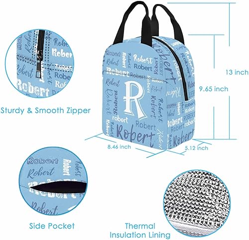 Miniatura 4 de Lonchera personalizada para niños con nombre, azul claro, blanco, texto azul, aislada con 2 bolsillos, bonitas loncheras para niñas, loncheras para