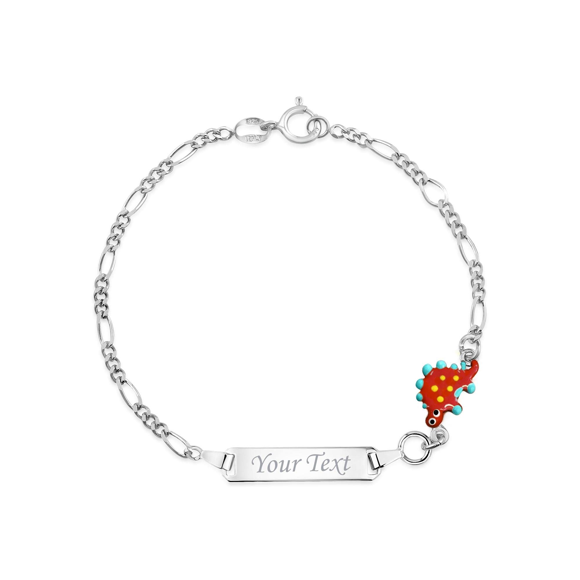 UNICORNJ 925 Italy Sterling Silver Child or Baby Name Bracelet Girls Boys, Personalized Engraved Kids ID Bracelets, 6.5" Figaro Chain, Enamel Charm Newborn Infant Toddler Kid Jewelry