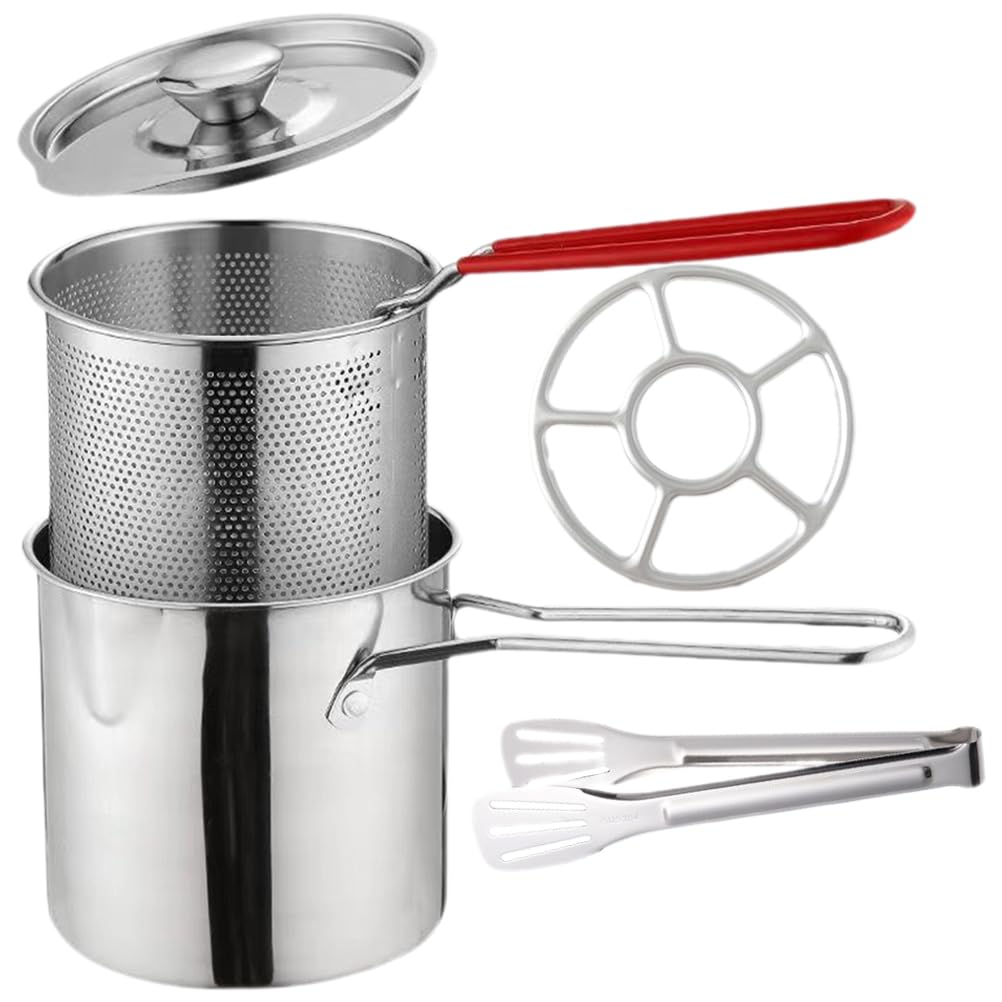 DOITOOL 1set Mini Frying Pot Kit with Basket and Lid Stainless Steel Deep Fry Pot for Shrimp Chicken and Fries Safe Long Handle for Indoor Outdoor Cooking