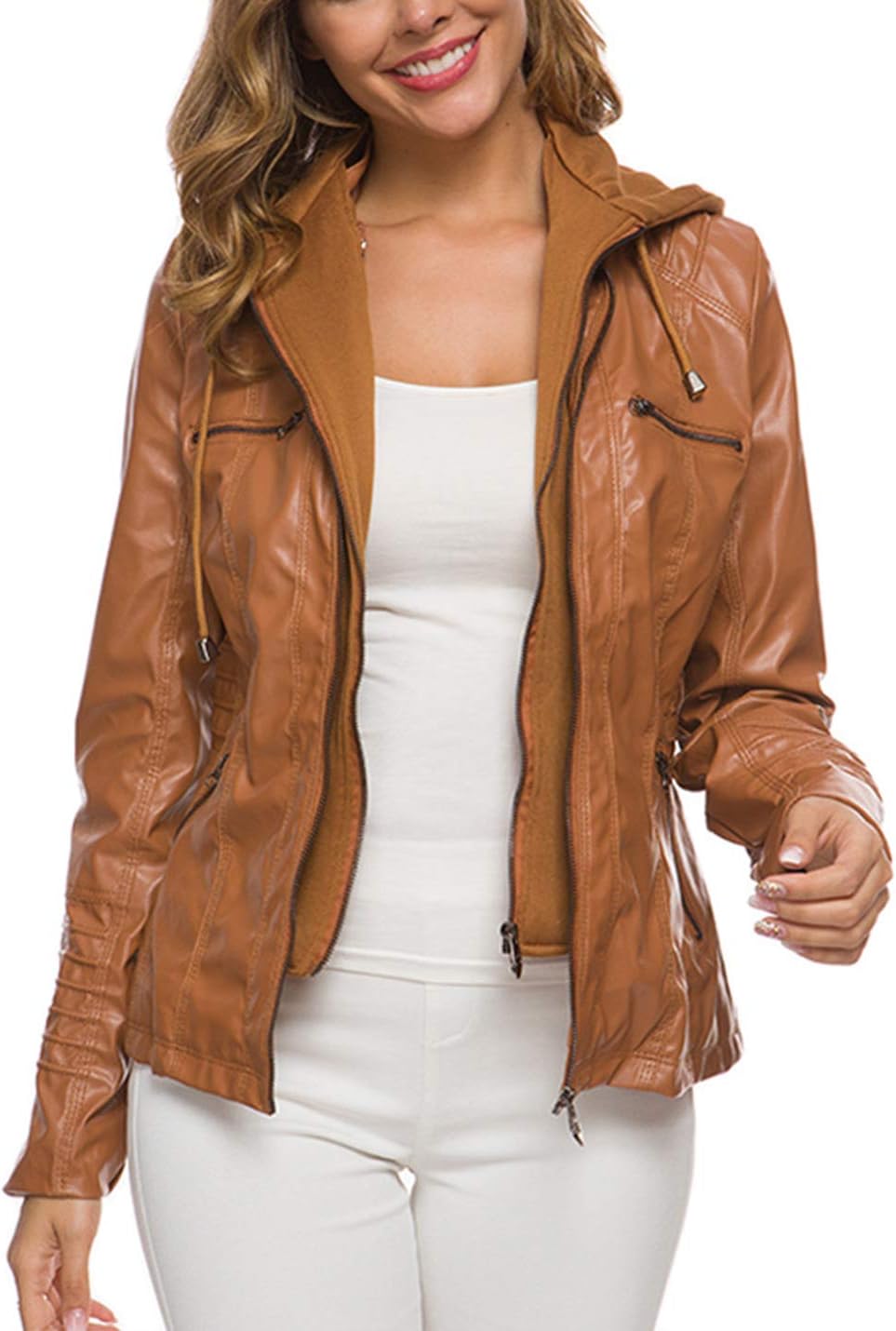 Flygo Women's Faux Leather Jacket Motorcycle PU Slim Short Biker Coat with Removable Hooded