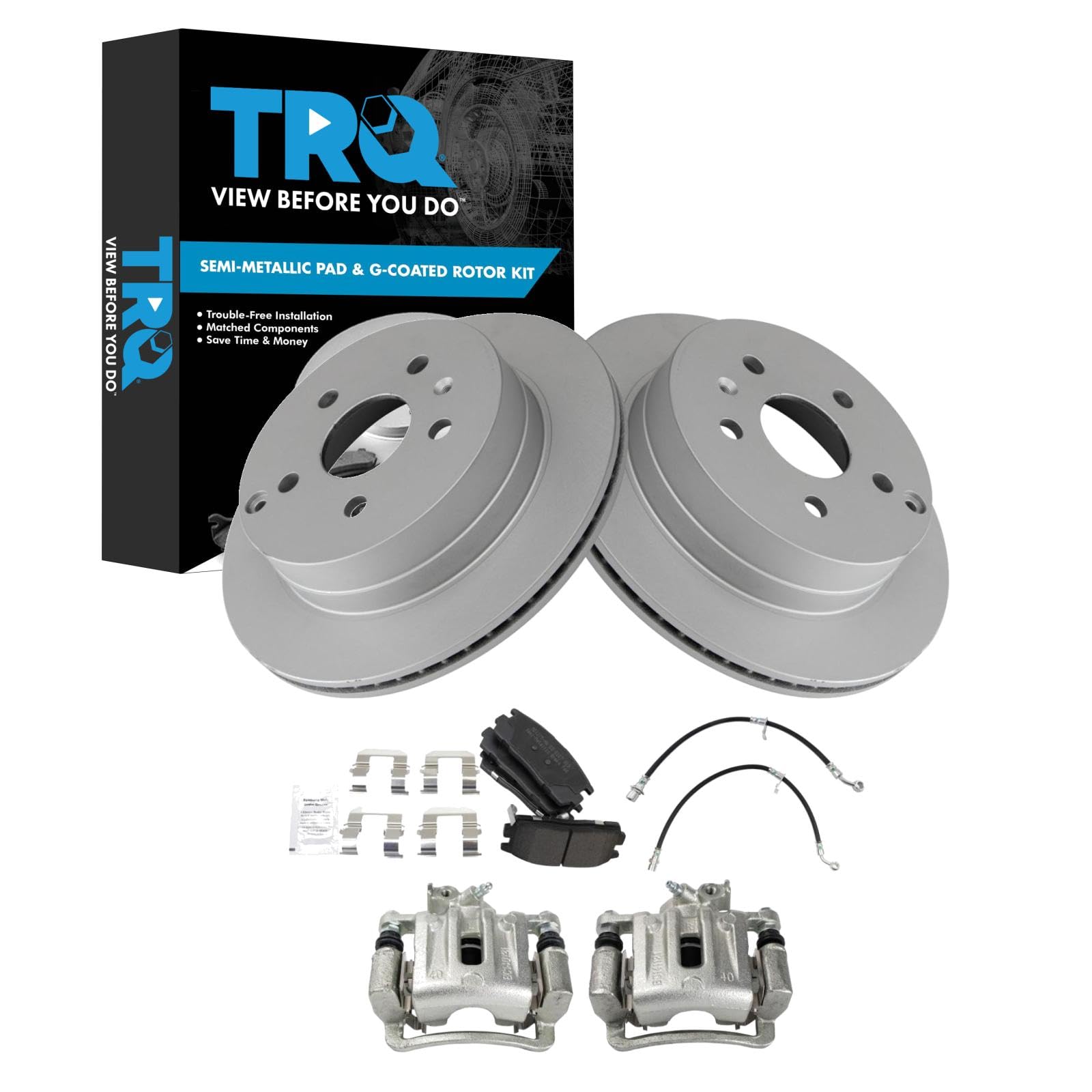 TRQ Rear Brake Pad &amp; Rotor Kit Semi-Metallic Premium G-Coated