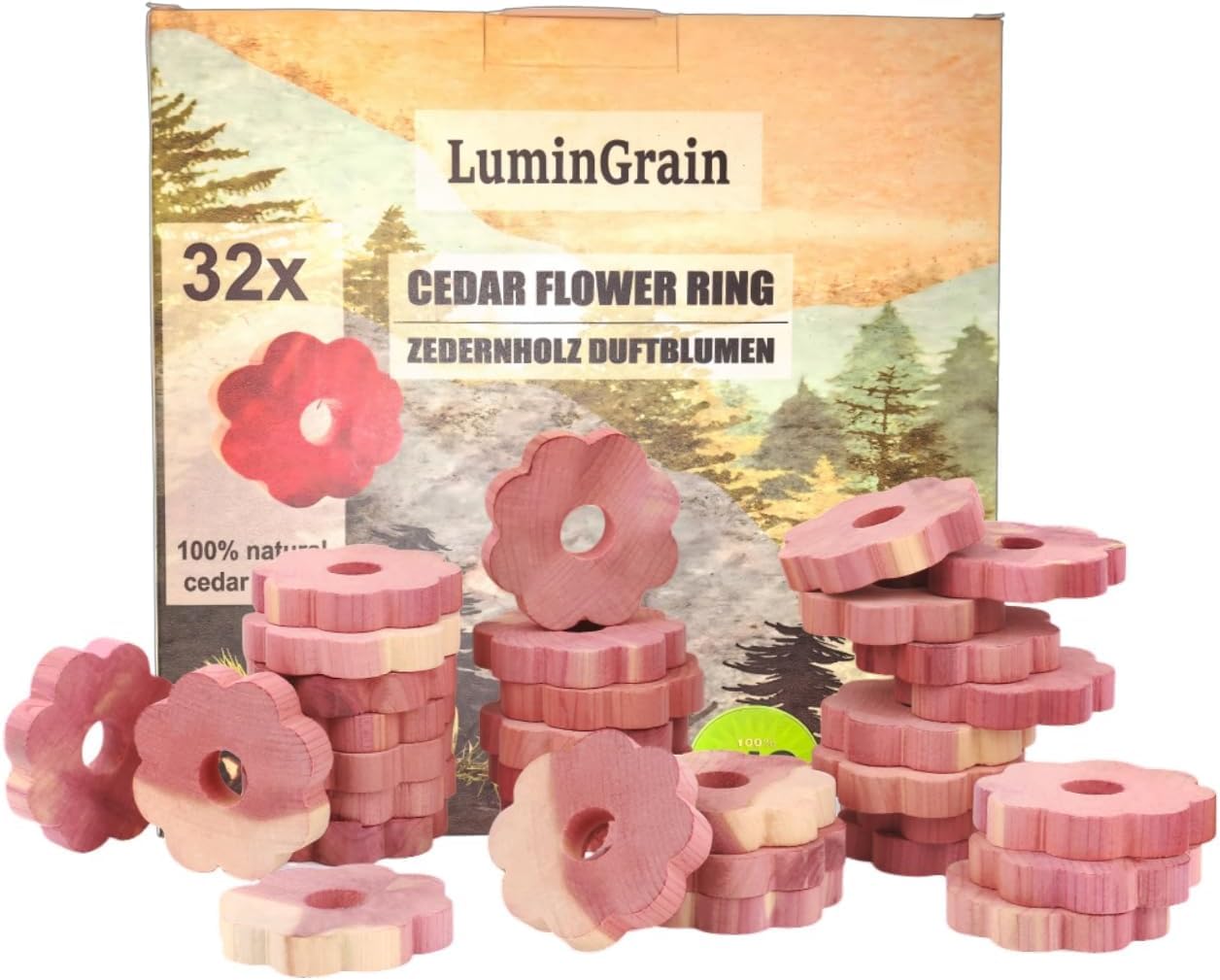 LuminGrain Zedernblöcke zur Aufbewahrung 32x Zedernholz Ringe als Mottenschutz – 100% Natürliches Mottenschutz-Set für Kleiderschrank & Schubladen – Effektive Mottenfalle mit Aroma Duft