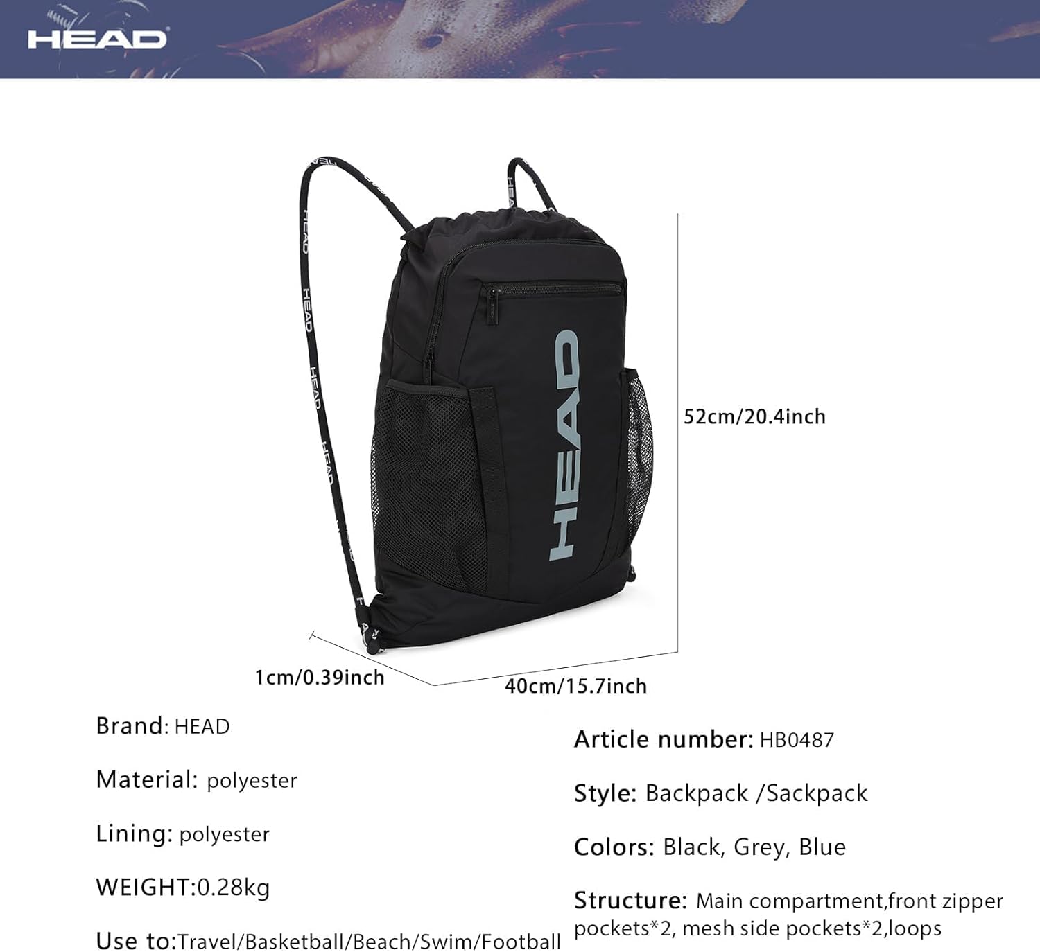 HEAD Waterproof Gym Sackpack for Sport with 2 Zipper Pockets, Large Drawstring Backpacks for Men with Side Pockets for Water Bottle - Image 6