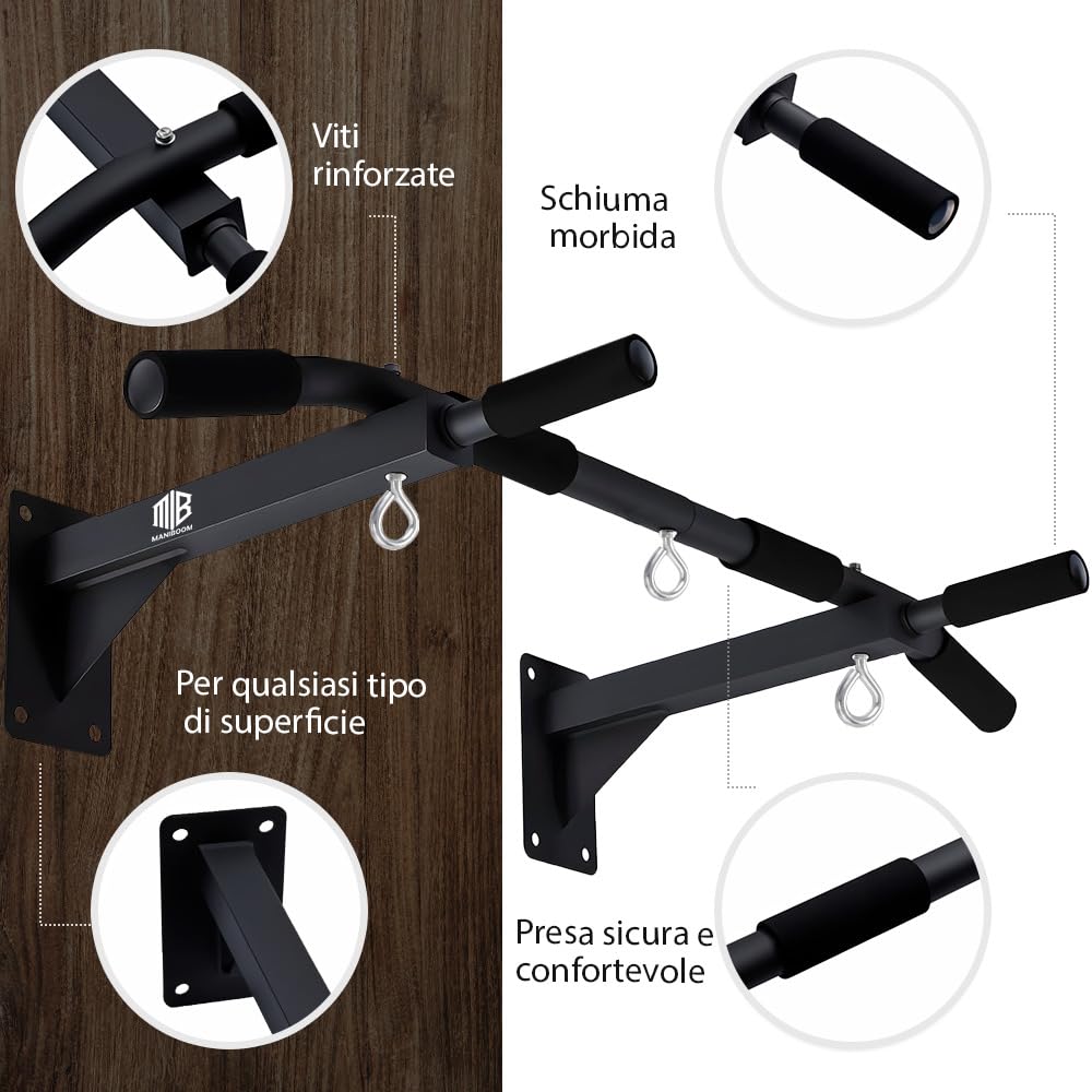 ManiBoom Sbarra Trazioni a Muro Fissa (150kg) - Barra Trazioni da Parete con 3 Anelli TRX per Calisthenics e Palestra in Casa