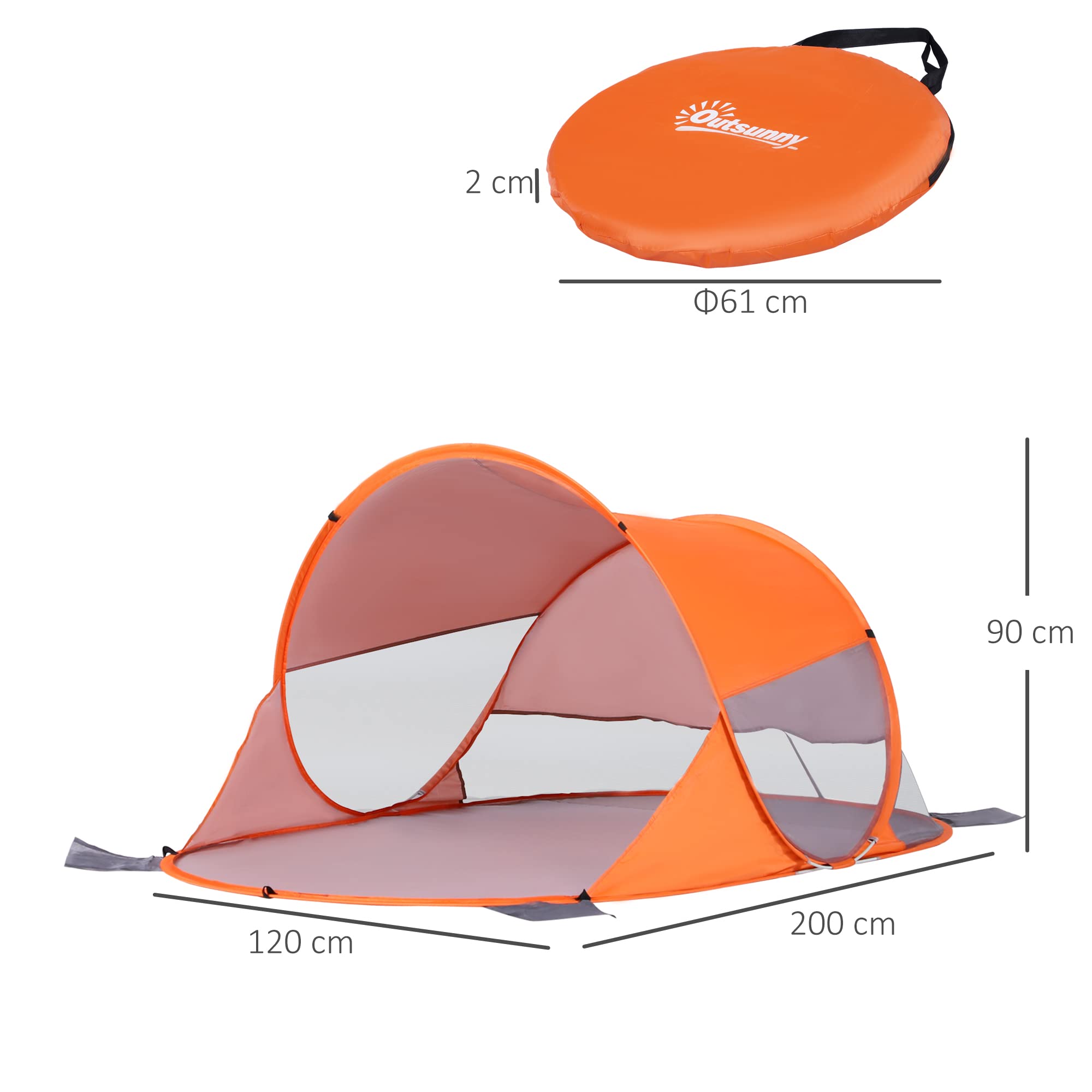 Outsunny Abri de Plage Tente de Plage Pliable Pop-up Automatique instantané Protection UV fenêtre arrière Grand Tapis de Sol Orange