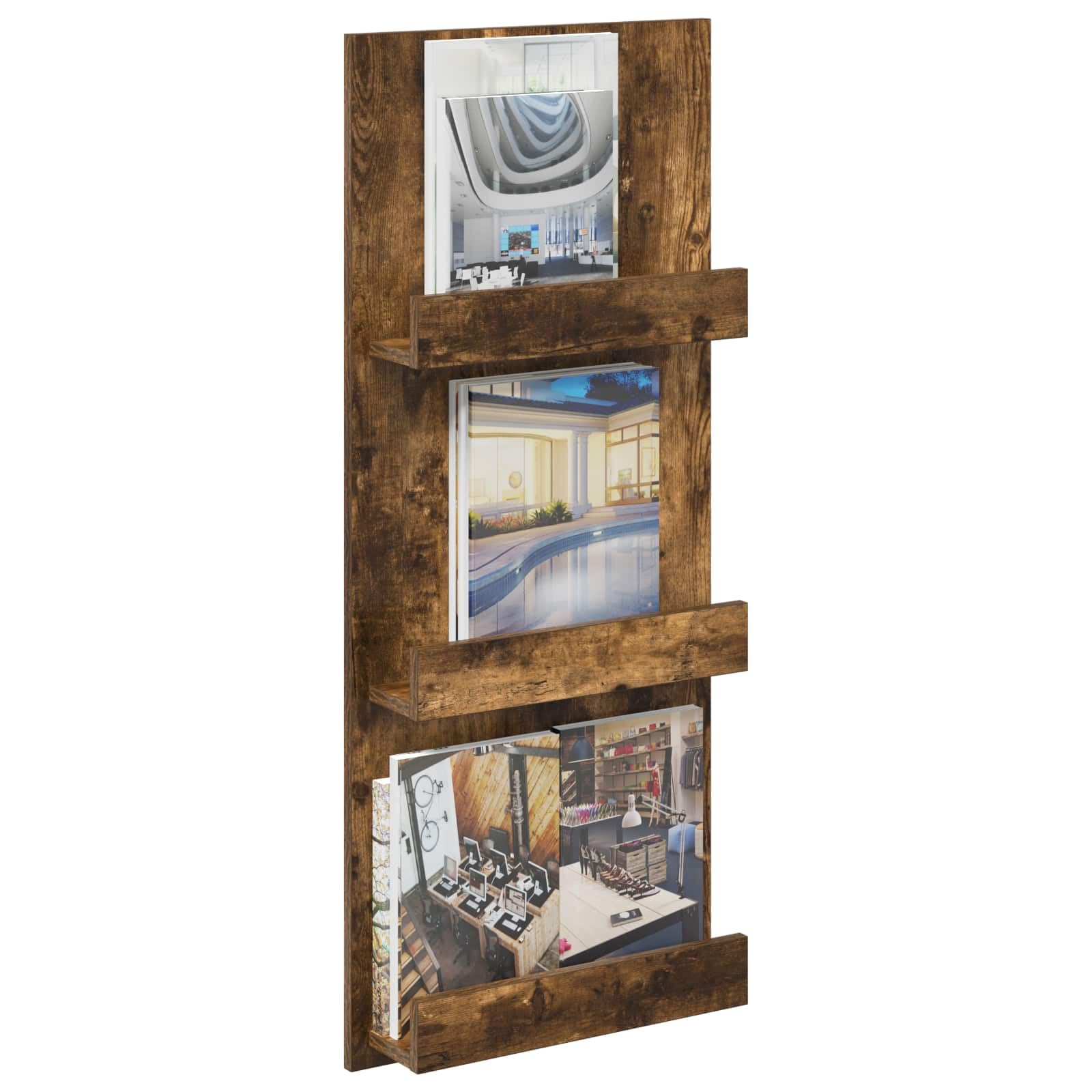 Mangloder - Portariviste in rovere affumicato, 43 x 11 x 102 cm, con 3 ripiani, portariviste e portariviste, per soggiorno, ufficio, angolo lettura e interni