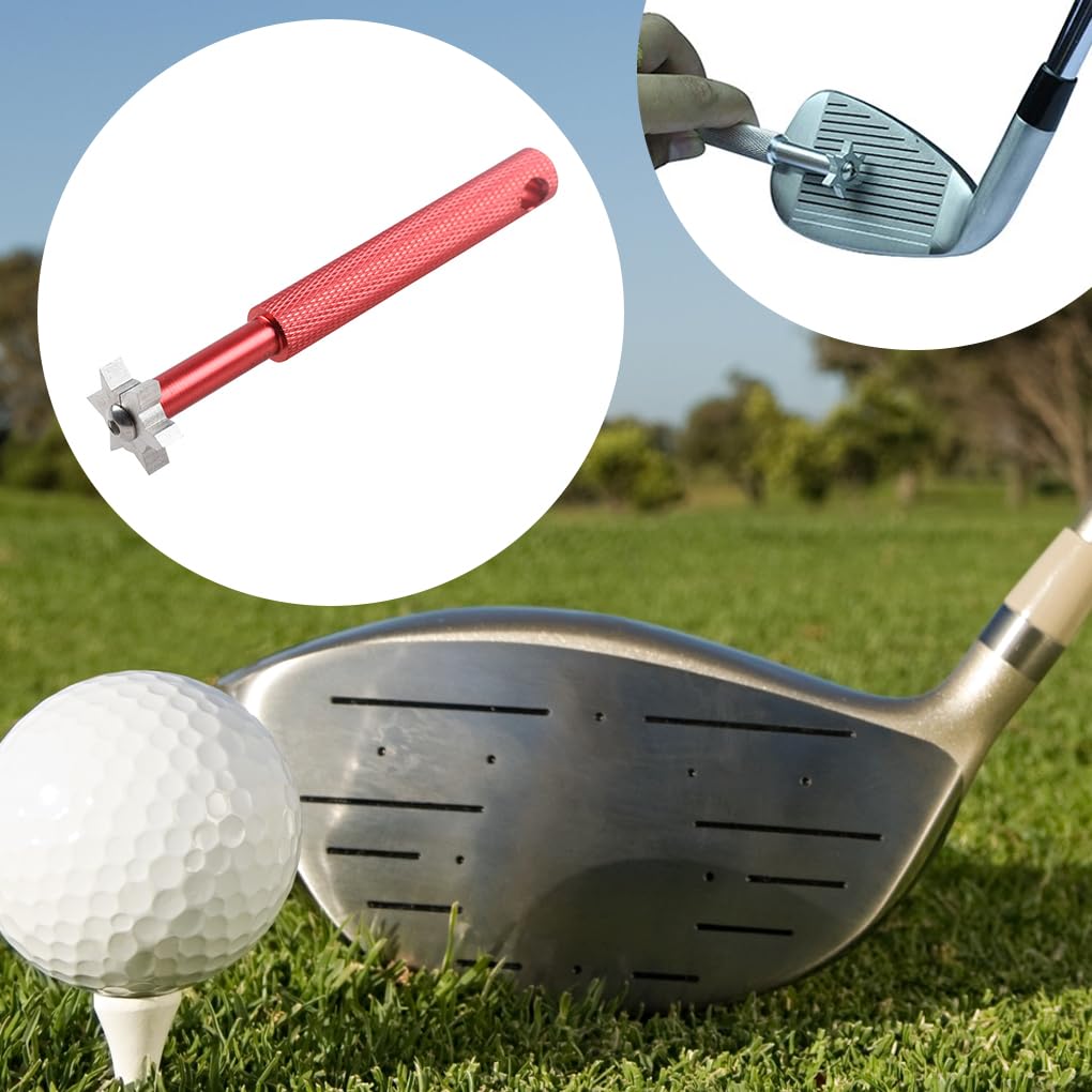 Golfrillenschärfer, Edelstahl, Aluminiumlegierung, Eisenkeil, 6 Köpfe, Reinigungs-Schärfwerkzeug, tragbar, Outdoor-Sport, Rot