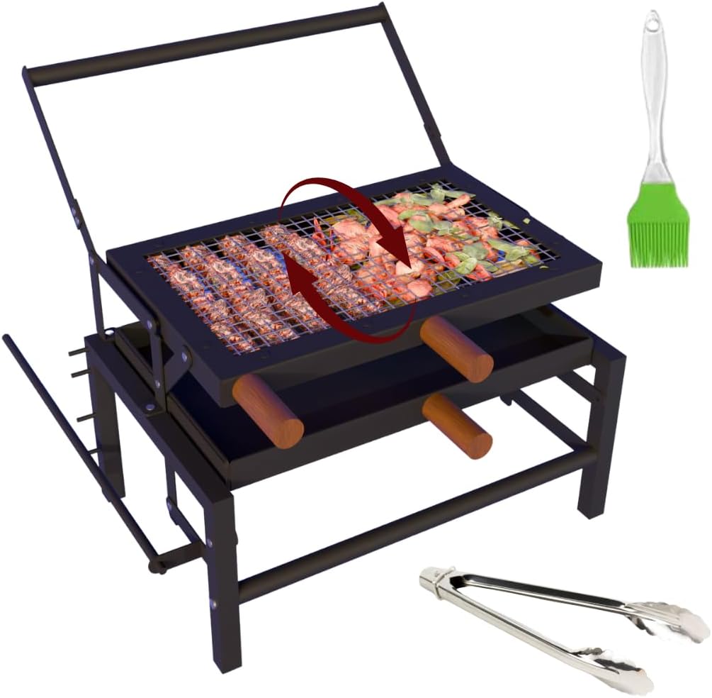 - FLIP Large BBQ | Tongs & Oil Brush | Flipping Mechanism | Adjustable 4 Heat Levels | 17 x 22 x 19 inch | Lightweight & Strong Metal Frame | Home Charcoal Grill | Outdoor Barbeque | Colour: Black