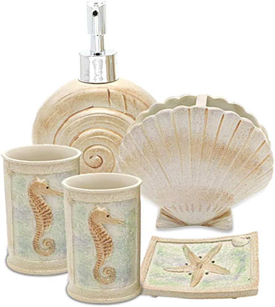 Set, 5 PCS Beach Seashells Ensemble Set Includs Soap Dispenser, Soap Dish, Tumbler, Toothbrush Holder - Ivory Polyresin Set for Home, Office, Superior Hotel