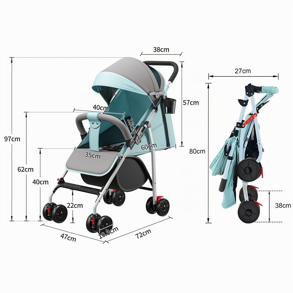 Poussette Bébé, Poussettes Cannes avec parasol, poussette pliable avec Dossier Inclinable, 0-2 ans, portant 20kg (Bleu, 97 * 72 * 47cm)