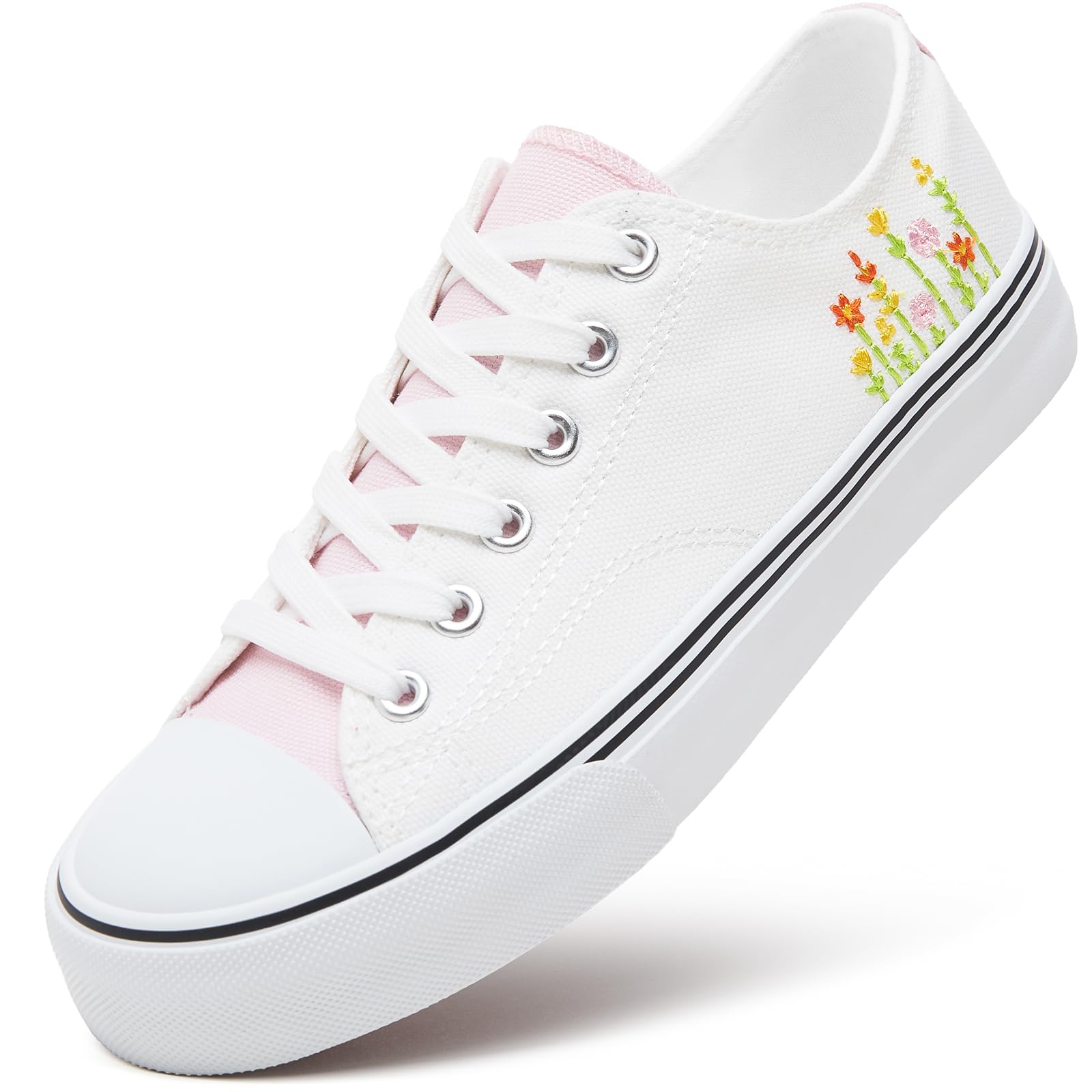 ZGRWomens Low Top Canvas Shoes,Lace up Canvas Sneakers,Casual White Tennis Walking Shoes