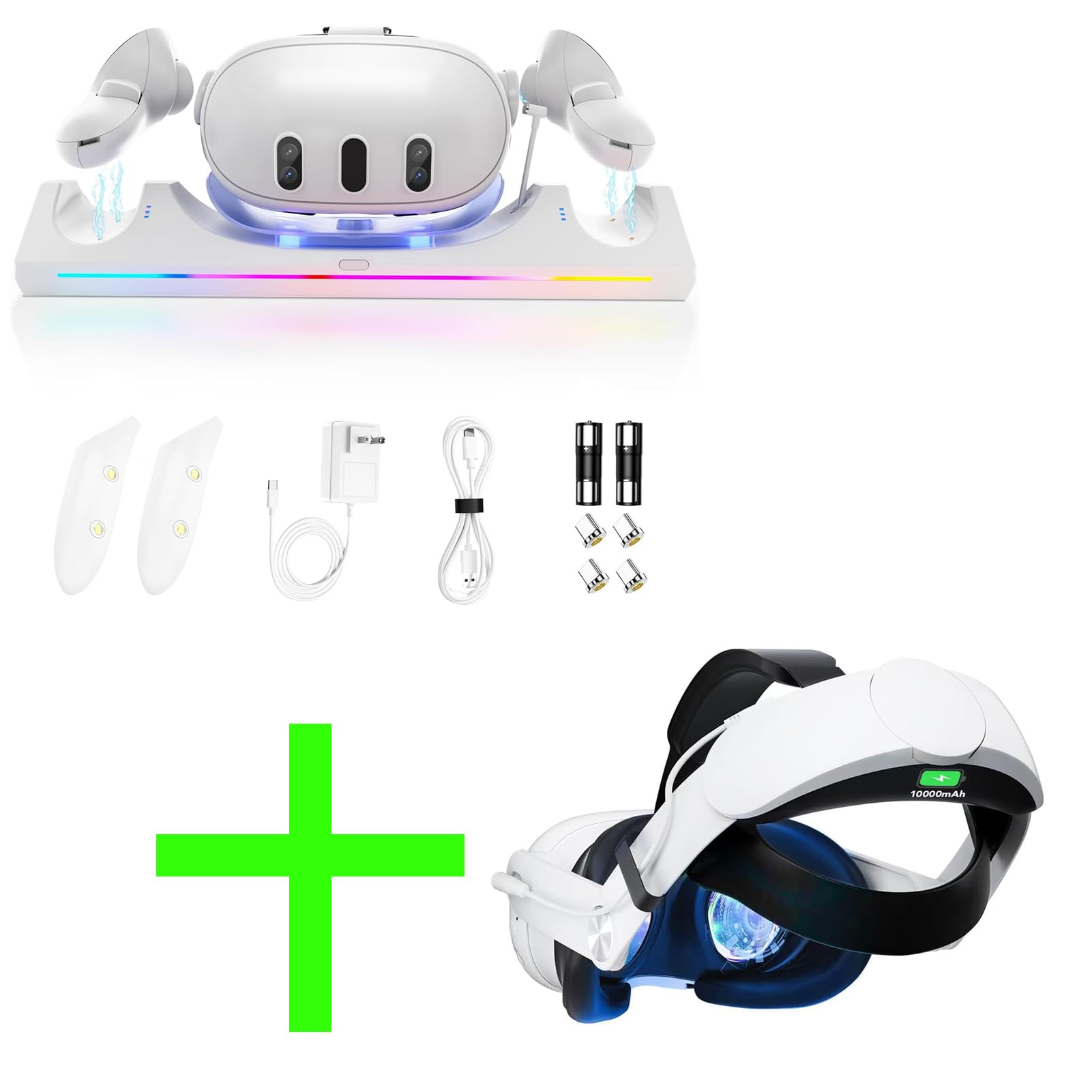 Charging Dock Compatible with Quest 3 + Head Strap with 10000mAh Battery Compatible with Quest 3