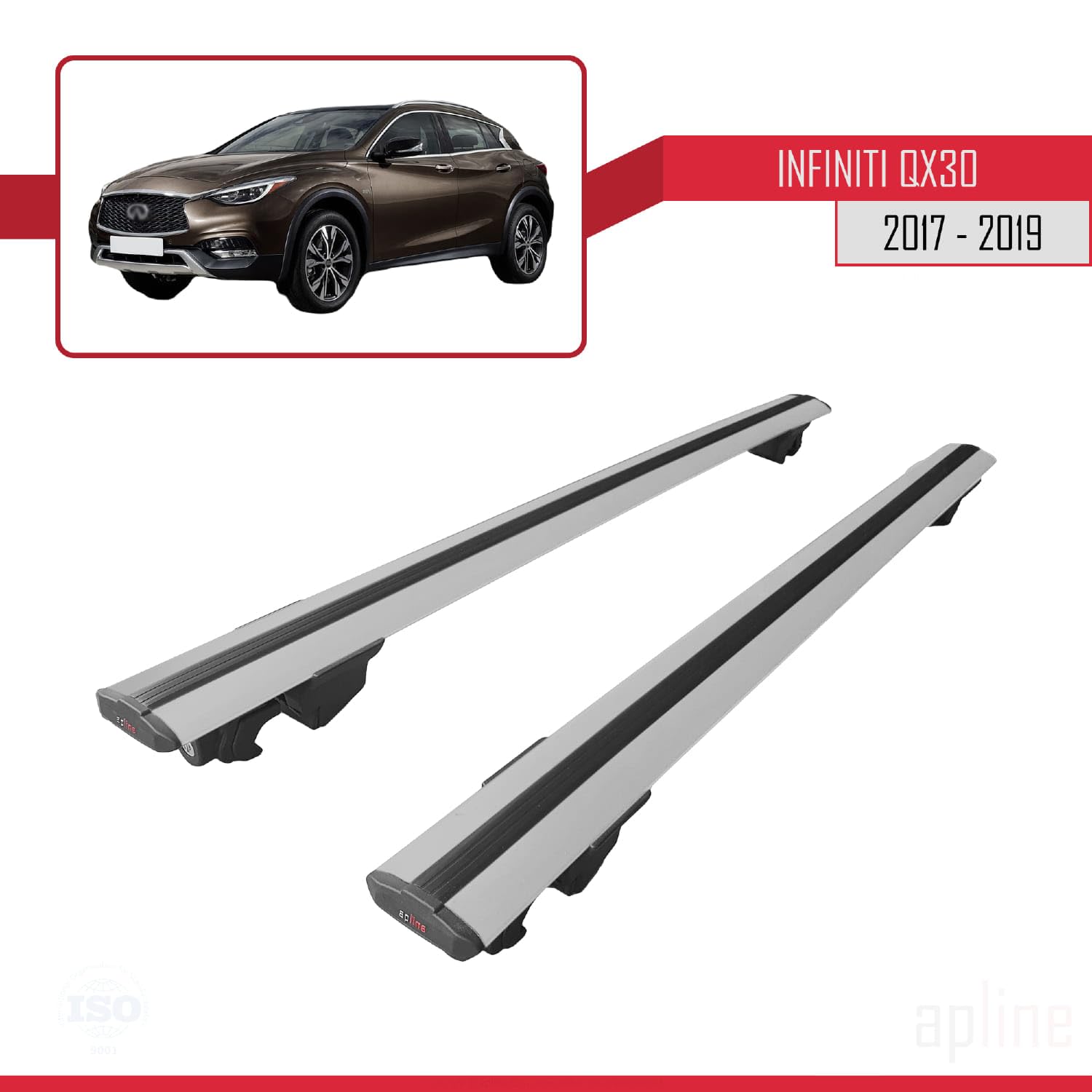 Barras De Techo Apline ACE-2 Para Infiniti QX30 (2017-2019) – 2 Barras, Aluminio Gris, Carga 75 Kg
