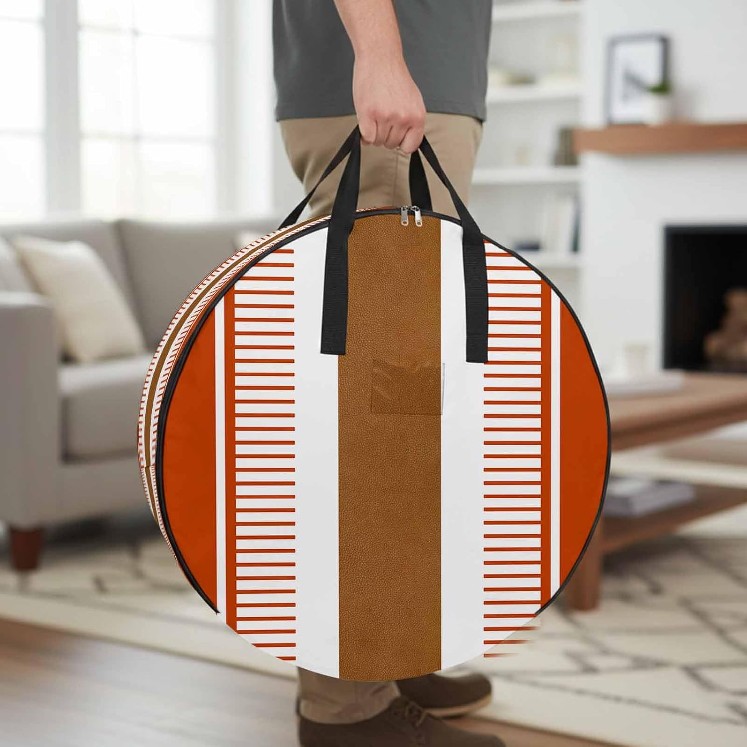 Boho Orange Round Storage Bag 36 Inch, and Brown Striped Geometric Retro Farmhouse Clothes Storage Container with Handles Heavy Duty Organizer for Comforter, Bedding & Holiday Wreaths