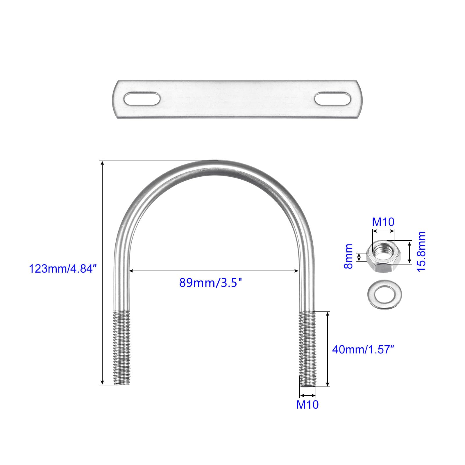 MACHSWON Round U-Bolt,2 Set 304 Stainless Steel M10 U Bolts 89mm(3.5") Inner Width 123mm Length with Nuts and Frame Plate for Automobiles Boat Trailer - Image 2
