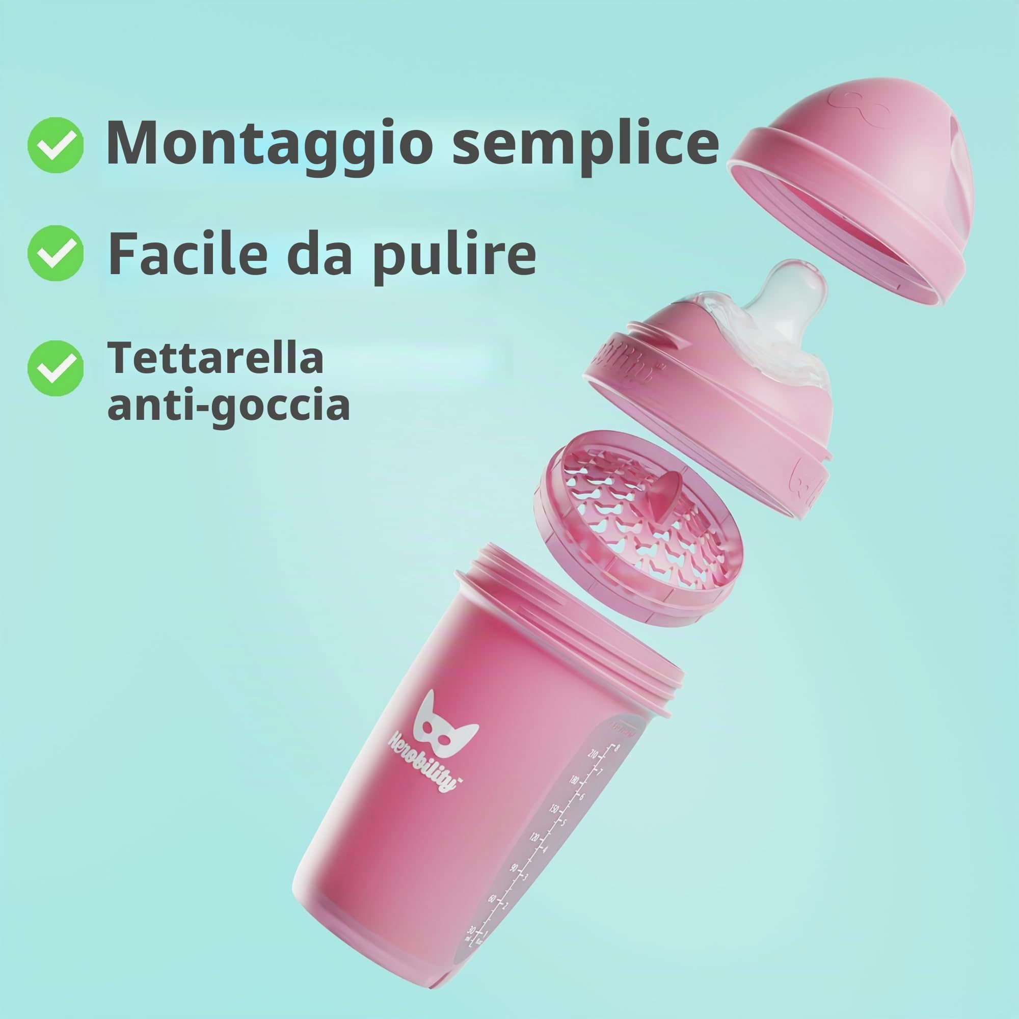 Biberon doppio anticolica Herobility – 12 fl oz/340ml – Confezione da 4 – Biberon multicolore – Bianco, Grigio, Blu Ferro, Blu