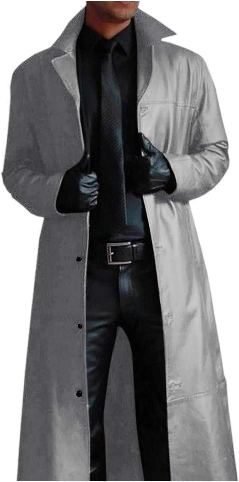Men's Gothic Solid Leather Trench Coat Long Buttoned Cardigan Vampire Robe for Halloween Medieval Renaissance Cosplay Vintage Victorian Costume Gothic Punk Outerwear