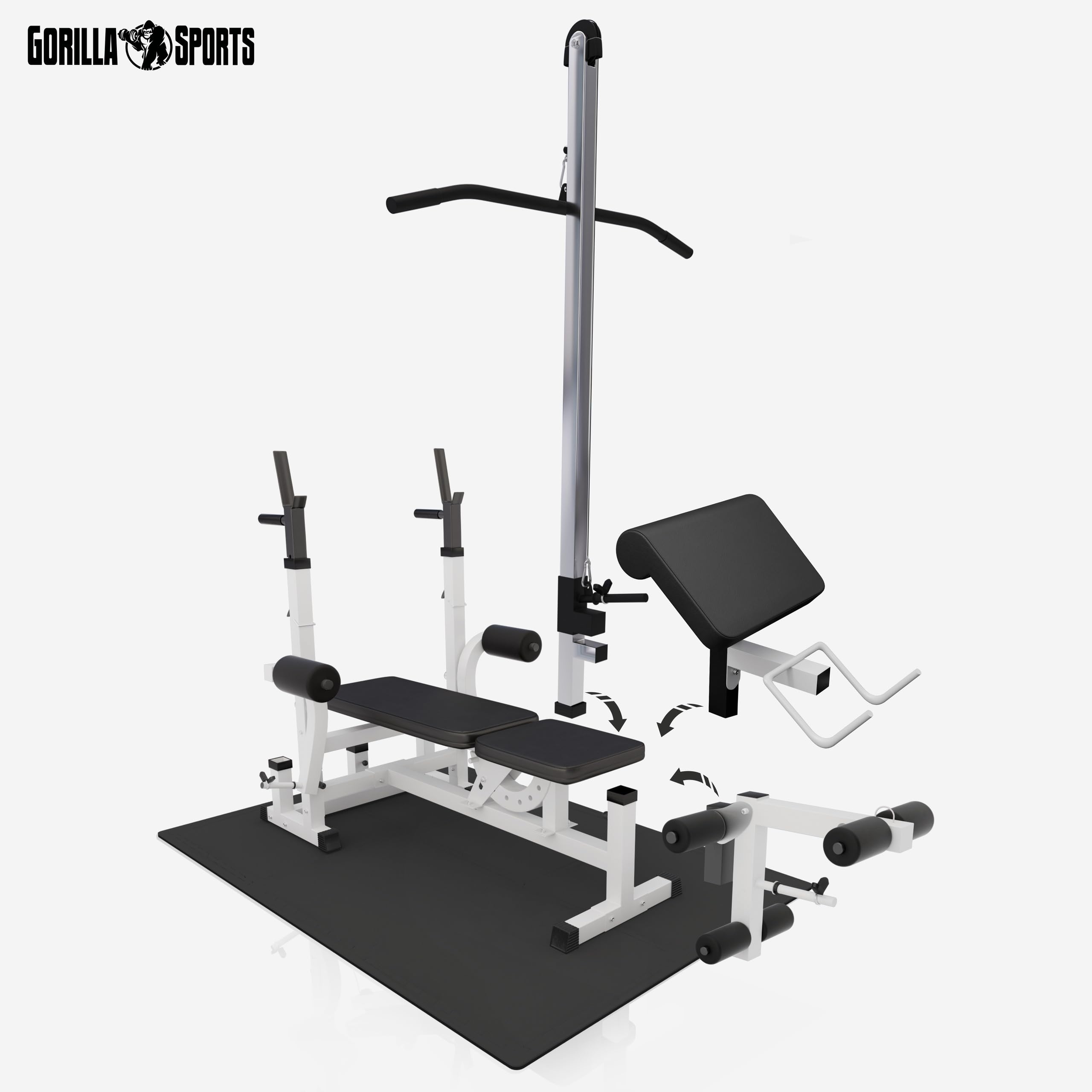 GORILLA SPORTS® Kraftstation mit Hantelbank und 100-kg-Hantelset | Mit verstellbarer Hantelablage, Latzugturm, Butterfly, Curlpult und Beincurler, bis 280 kg; Trainingsbank, Fitnessstation