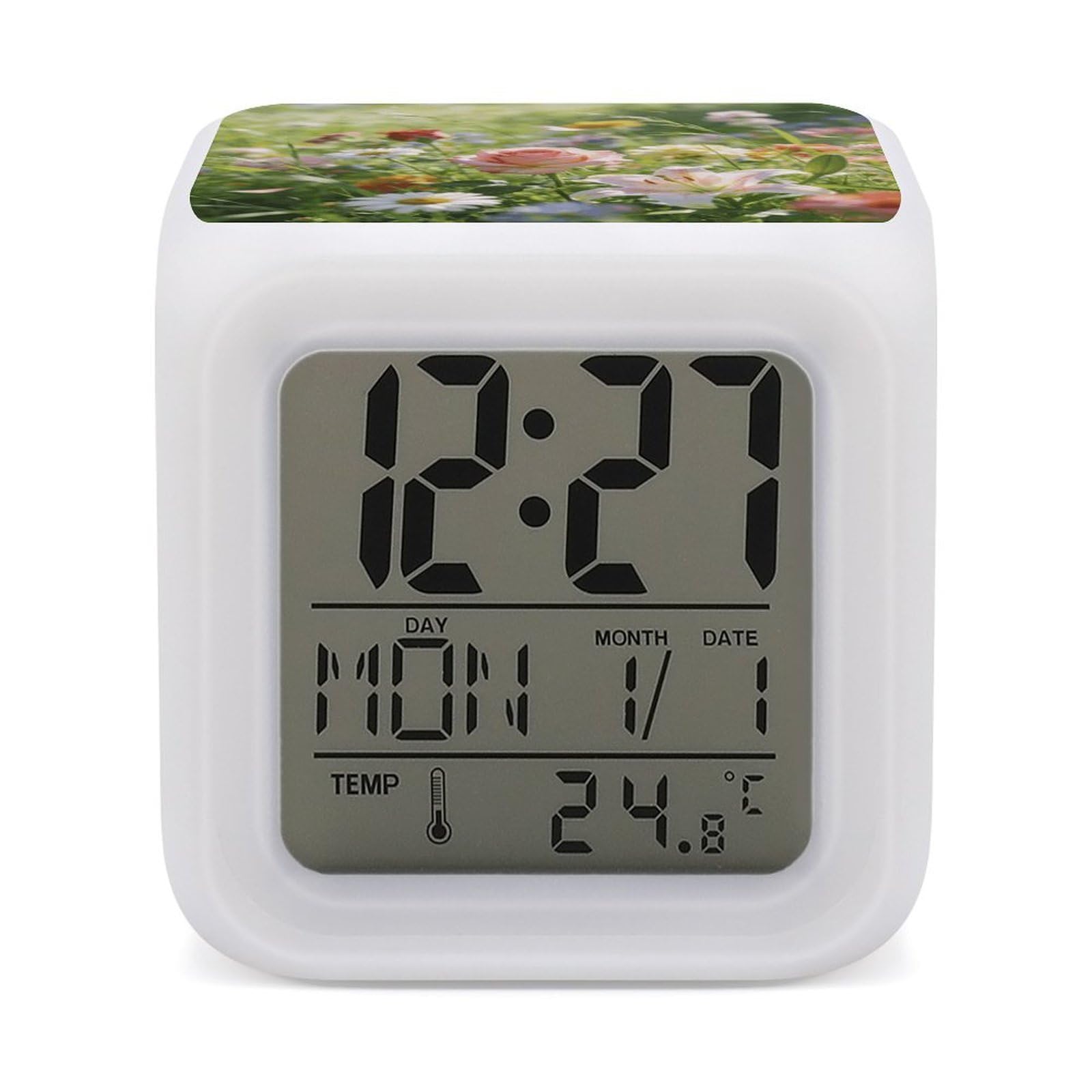 LZQPOEAS Flowers Grass Alarm Clock with 7 Color Changing Nightlight for Bedroom Calendar Temperature Display Wake Up Digital Clock Small Desk Clocks for Heavy Sleepers Adults