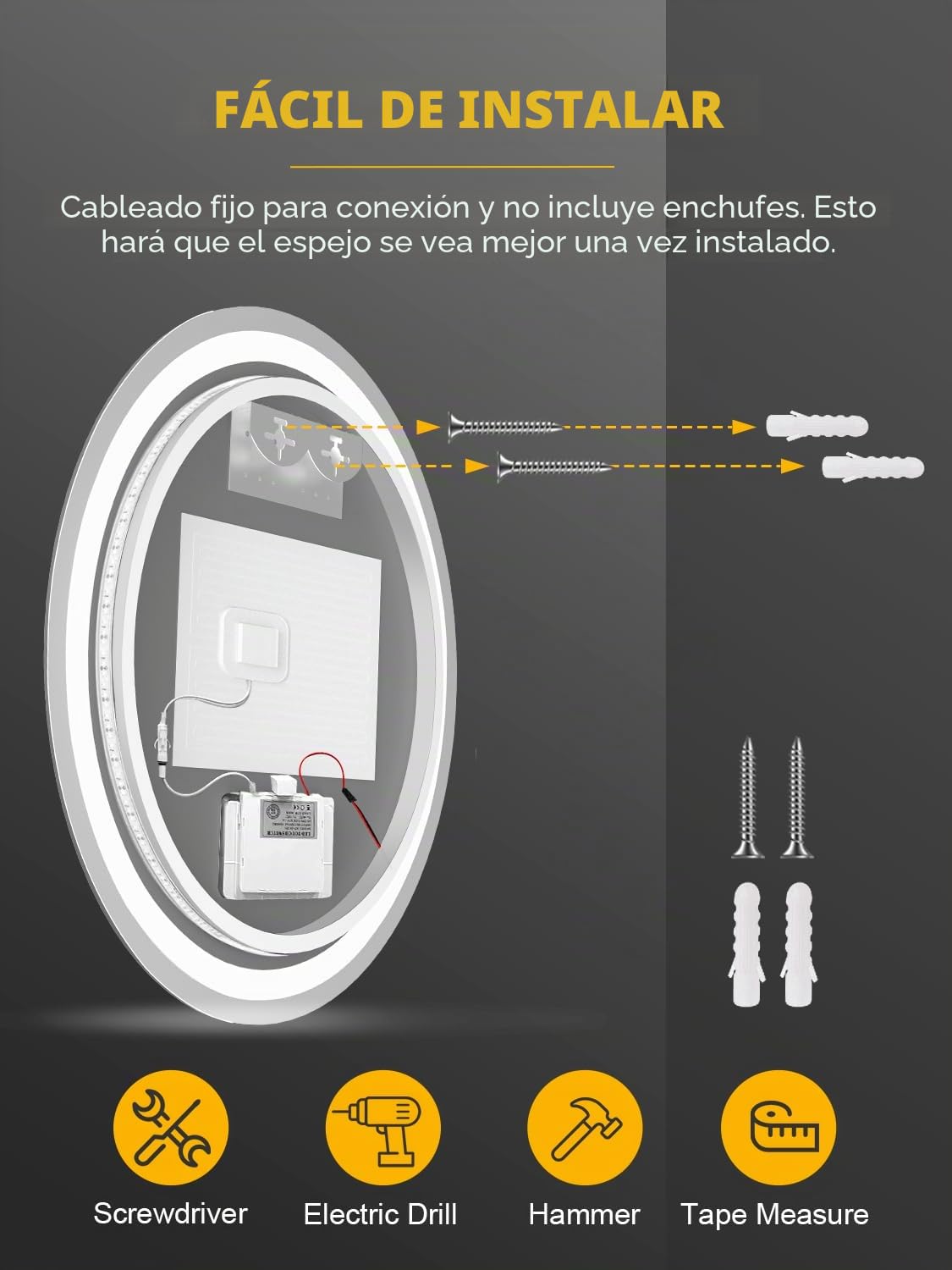 Bellanny Espejo Baño con Luz, 60cm Espejo Grande de Pared, 3000K/4500K/6500K Espejo-Baño-Antivaho, Espejos de Tocador | Regulable,Memoria,Reloj,Vidrio Templado HD,IP44 LED Espejos Retroiluminado Ronda