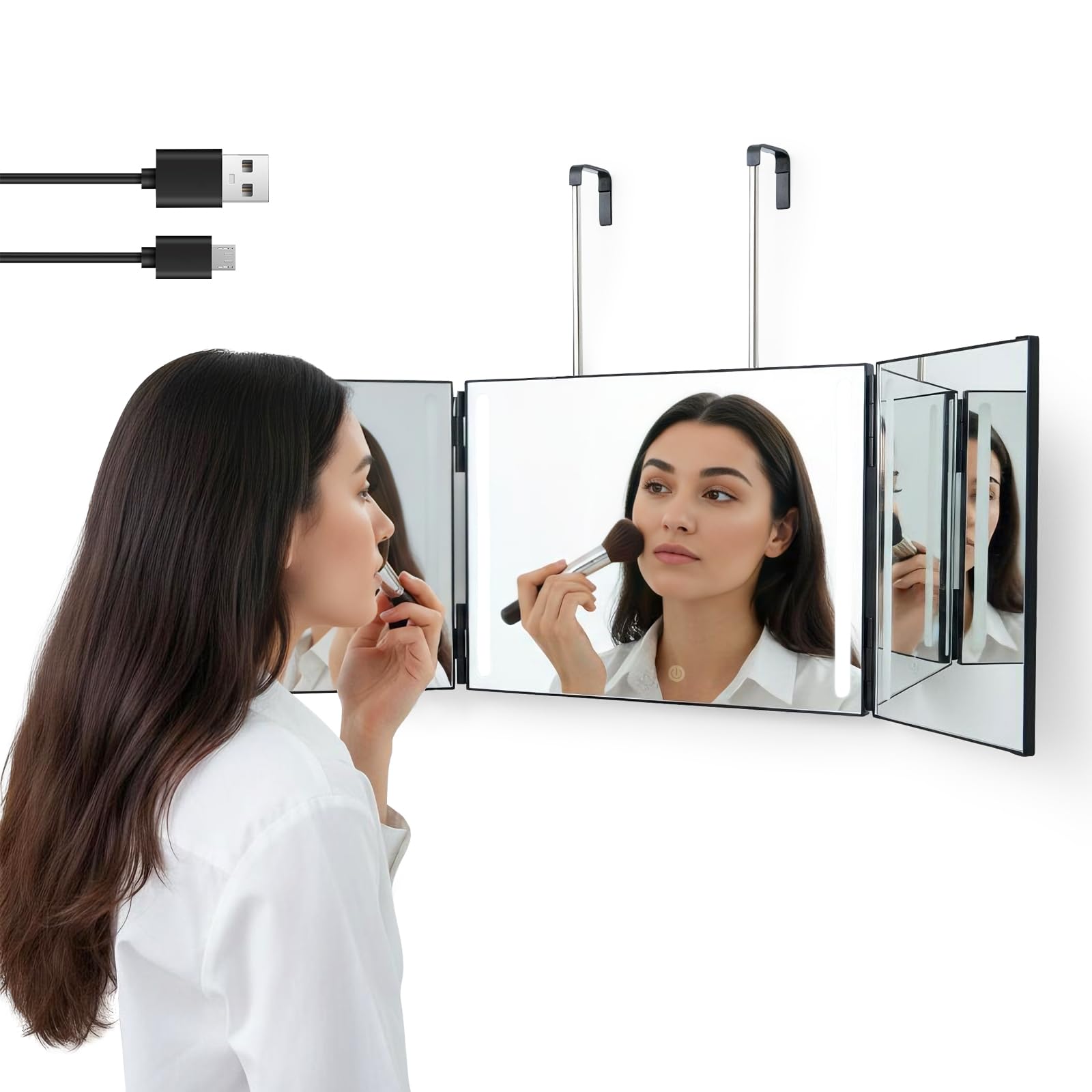 ARATERVIO 360° Dreifach Kosmetikspiegel mit verstellbarem Haken, Trifold Spiegel 3-Fach, Höhenverstellbar, tragbarer Schminkspiegel für Haarstyling, Rasieren & Make-up (Ohne Beleuchtung) - 2