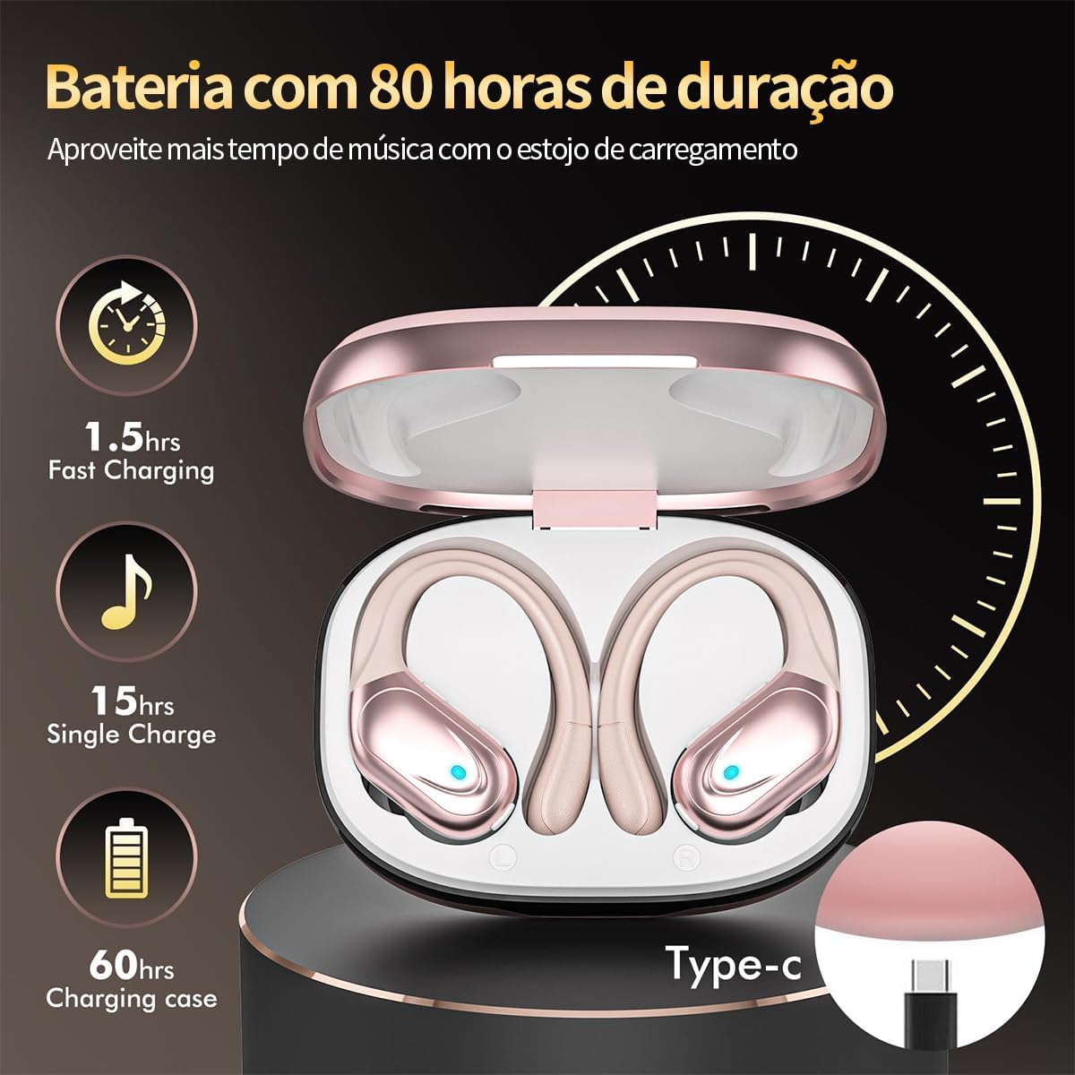 Especificação de bateria dos fones Bluetooth 80h duração, carregamento rápido, conector Tipo-C.