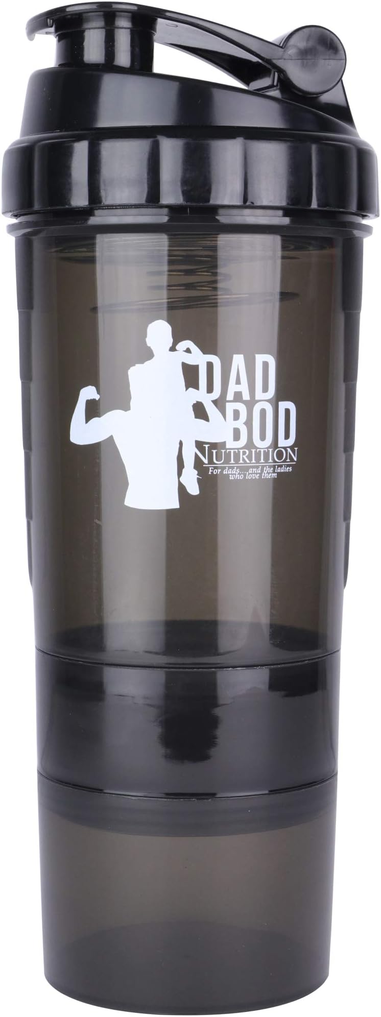 Dad Bod Nutrition Funny Protein Shaker Bottle 3 Part With Storage Black Trim White Label (Black Trim)