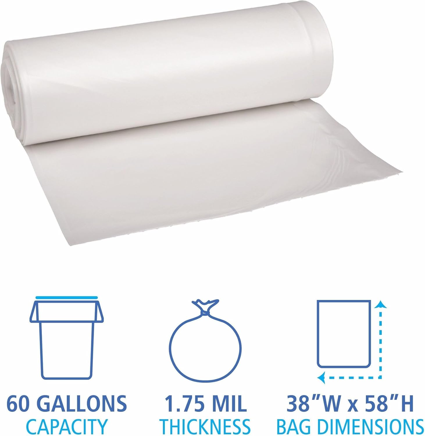Boardwalk Recycled Low-Density Polyethylene Can Liners, 60 Gallon Garbage Bags, 1.75 mil, 38" x 58", Clear, 10 Bags/Roll, 10 Rolls/Carton