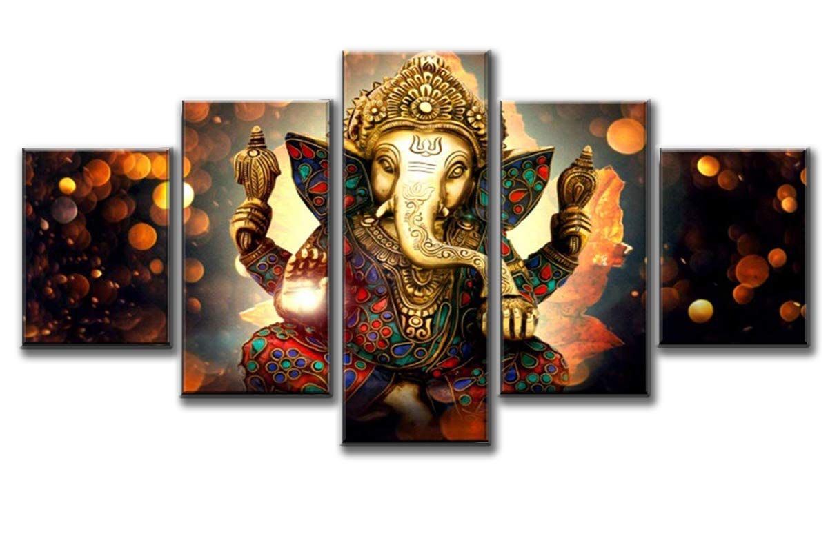 Wall Art for Living Room Deity Festival Artwork Paintings 5 Piece Ganesha Hindu God Canvas Pictures Artwork Home Decor Modern Posters and Prints Framed Gallery-wrapped Ready to Hang(60''Wx32''H)
